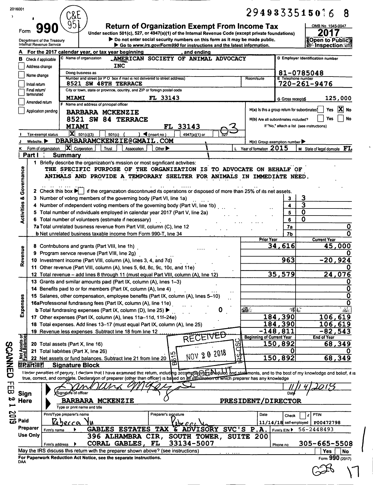 Image of first page of 2017 Form 990 for American Society for Animal Advocacy