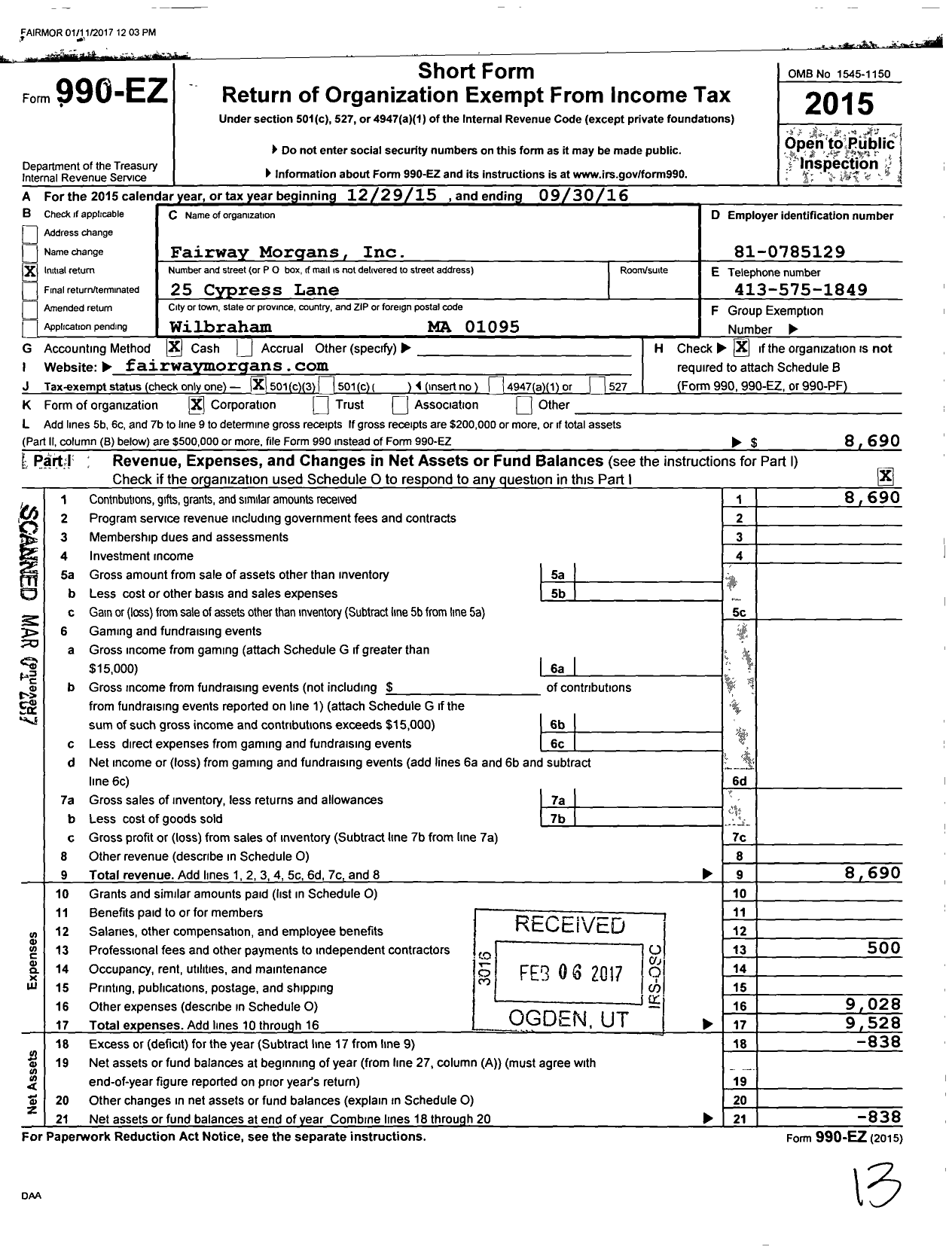 Image of first page of 2015 Form 990EZ for Fairway Morgans