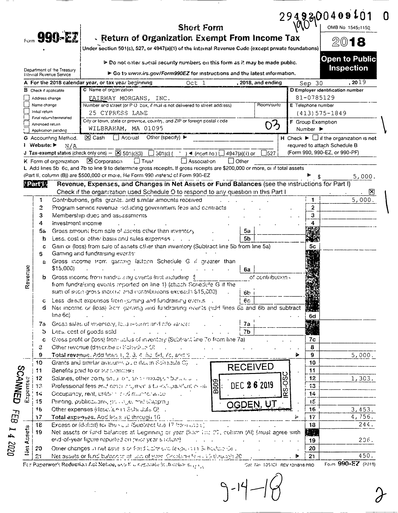 Image of first page of 2018 Form 990EZ for Fairway Morgans