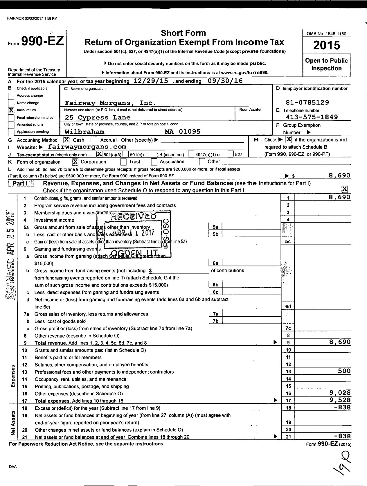 Image of first page of 2015 Form 990EZ for Fairway Morgans