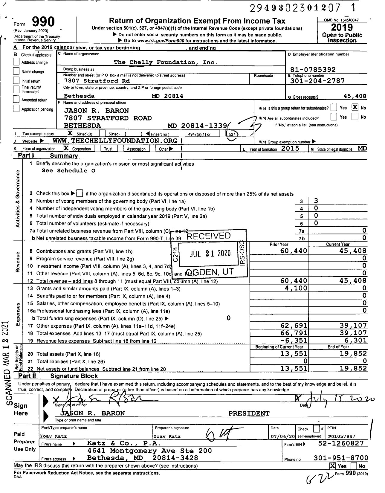 Image of first page of 2019 Form 990 for The Chelly Foundation