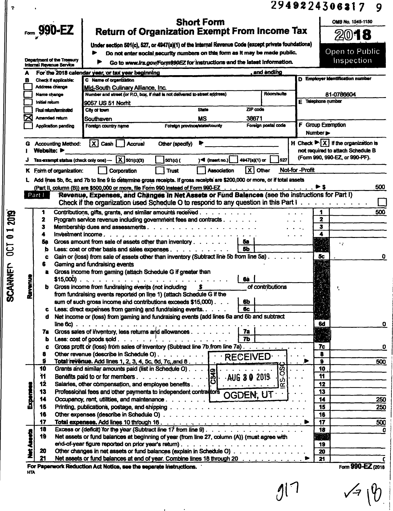 Image of first page of 2018 Form 990EZ for Mid-South Culinary Alliance