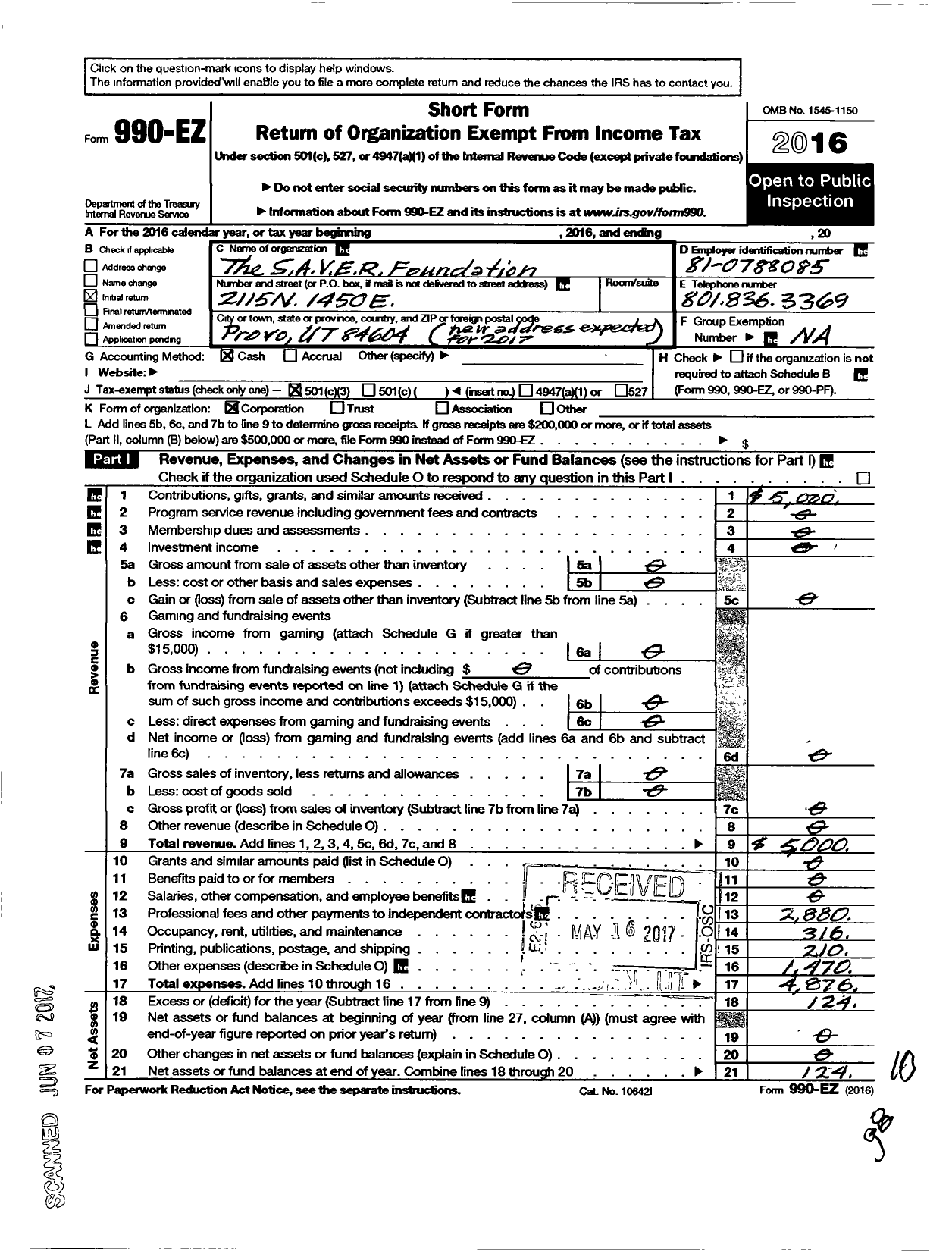 Image of first page of 2016 Form 990EZ for Saver Foundation