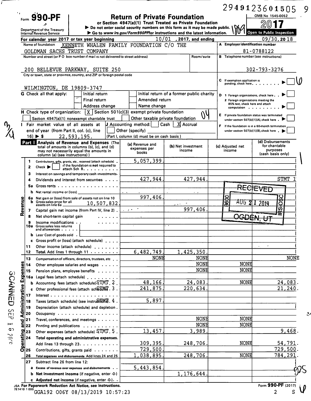 Image of first page of 2017 Form 990PF for Kenneth Whalen Family Foundation