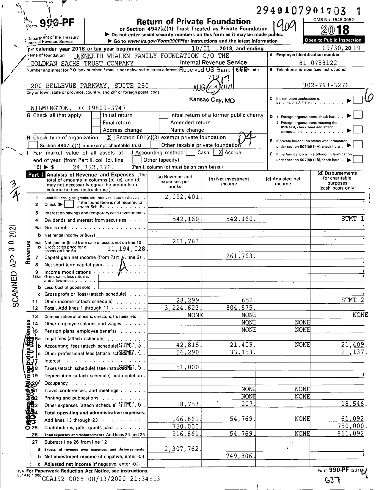 Image of first page of 2018 Form 990PF for Kenneth Whalen Family Foundation