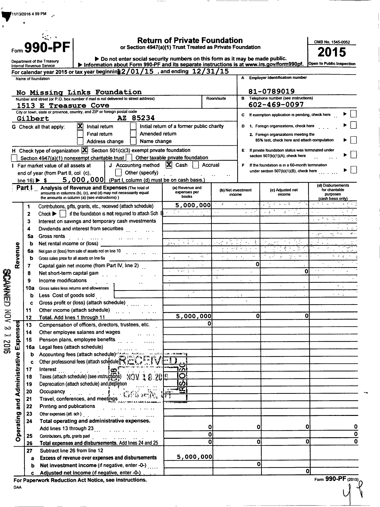 Image of first page of 2015 Form 990PF for No Missing Links Foundation