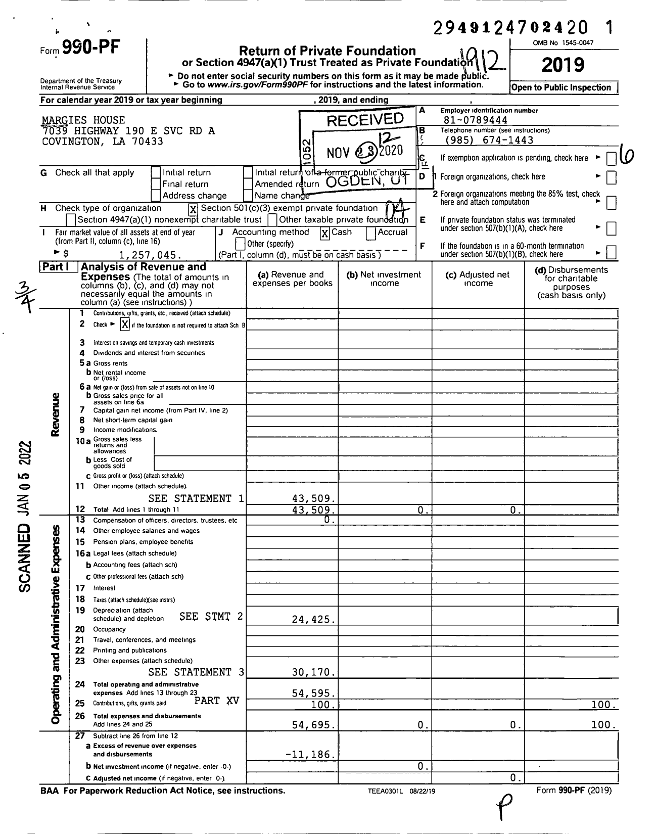 Image of first page of 2019 Form 990PF for Margies House