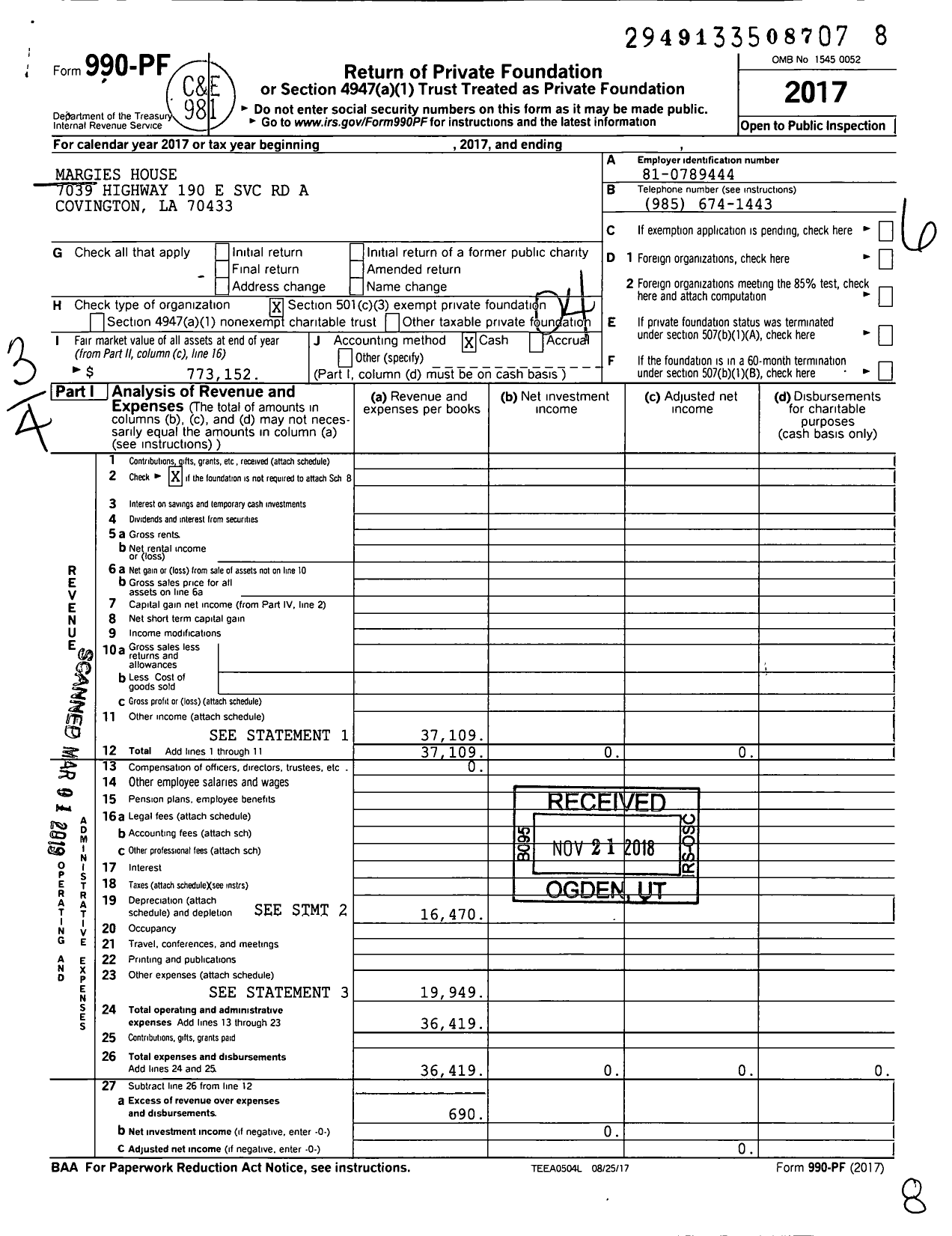 Image of first page of 2017 Form 990PF for Margies House