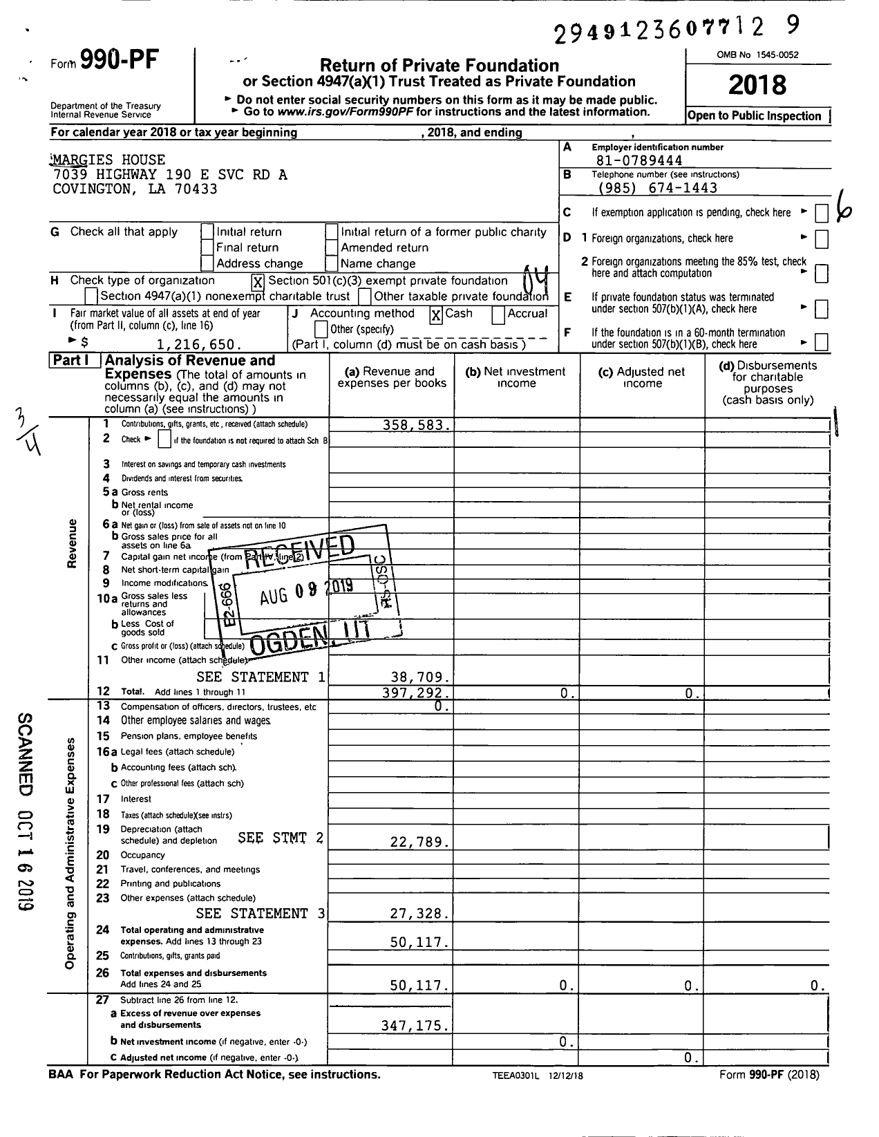 Image of first page of 2018 Form 990PF for Margies House