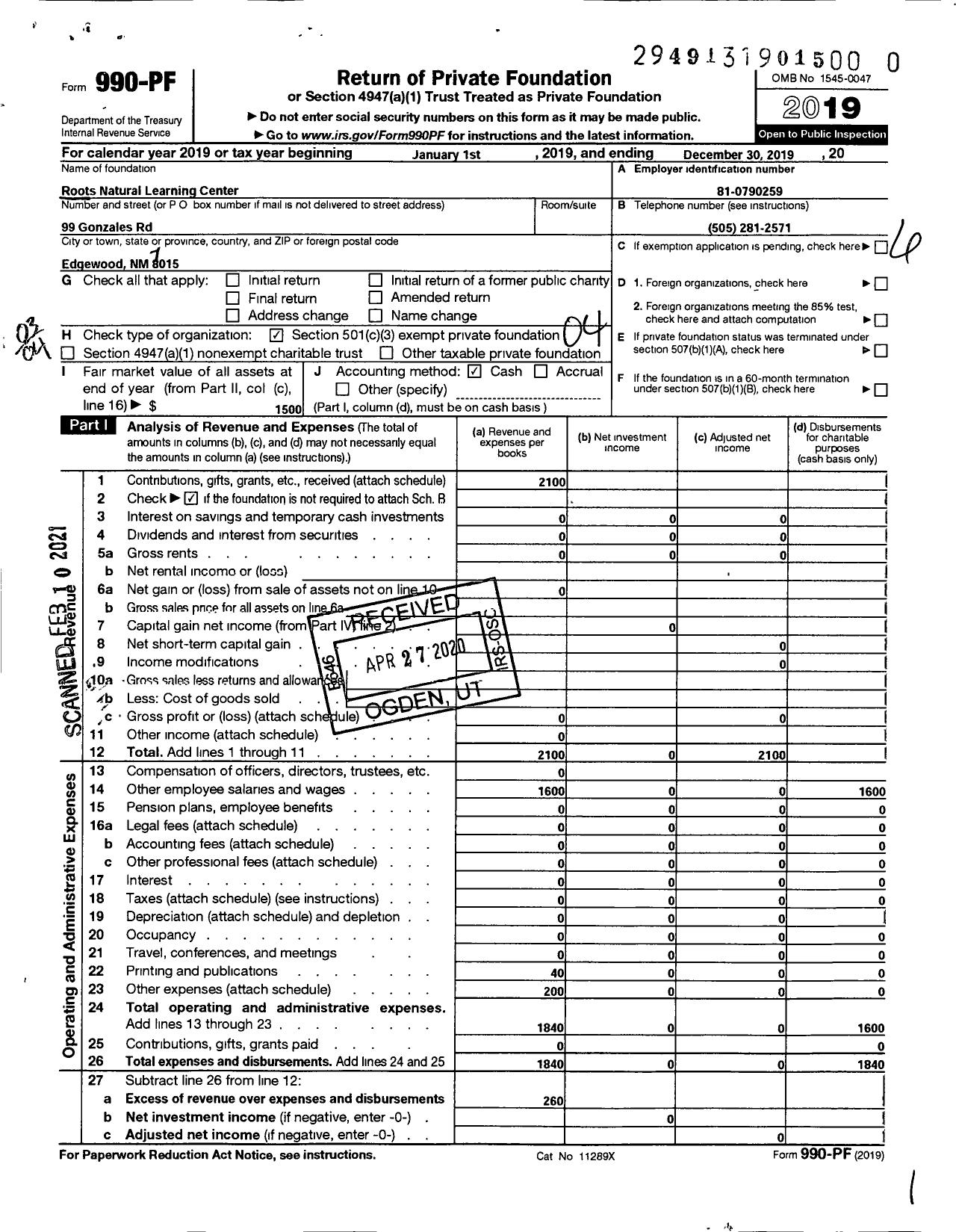 Image of first page of 2019 Form 990PF for Roots Natural Learning Center