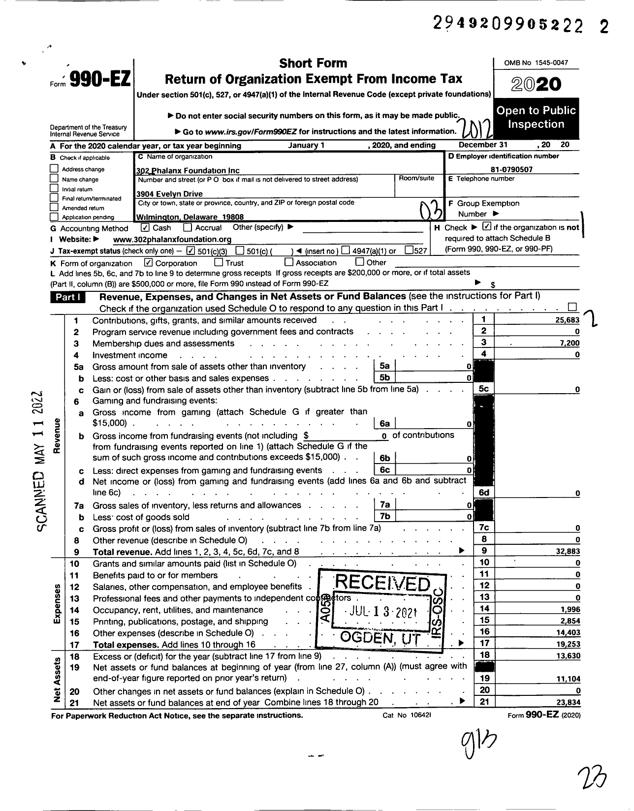 Image of first page of 2020 Form 990EZ for 302 Phalanx Foundation