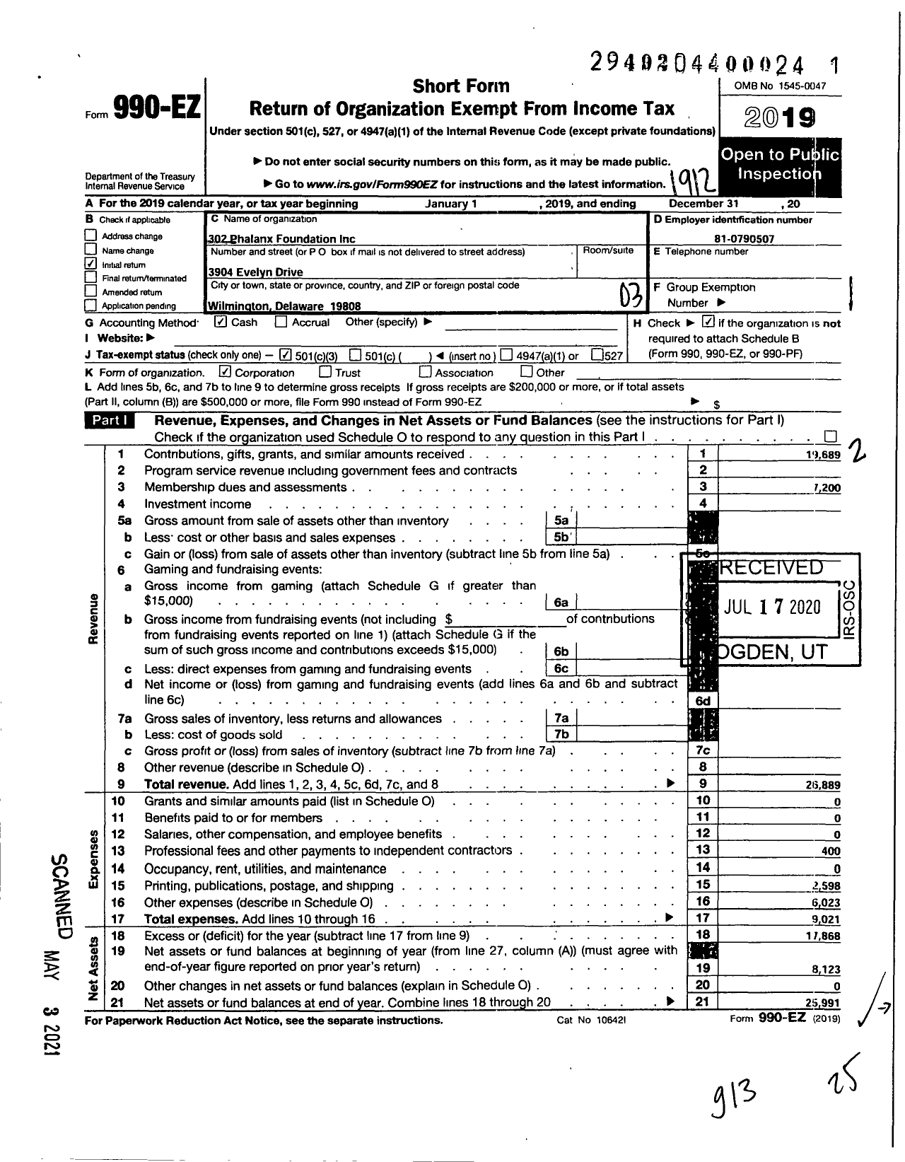 Image of first page of 2019 Form 990EZ for 302 Phalanx Foundation