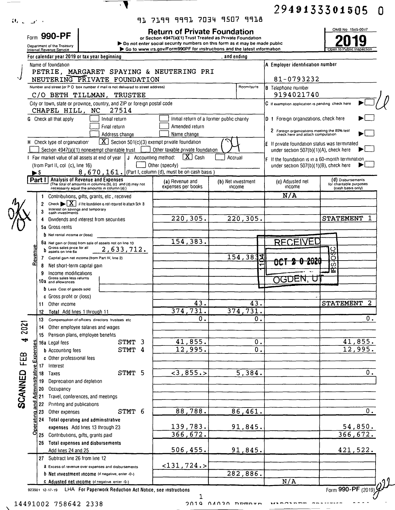 Image of first page of 2019 Form 990PF for Margaret T Petrie Foundation