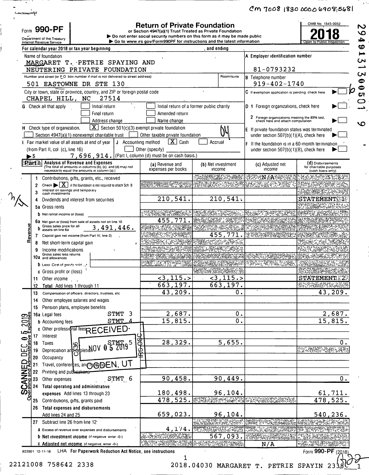 Image of first page of 2018 Form 990PF for Margaret T Petrie Foundation