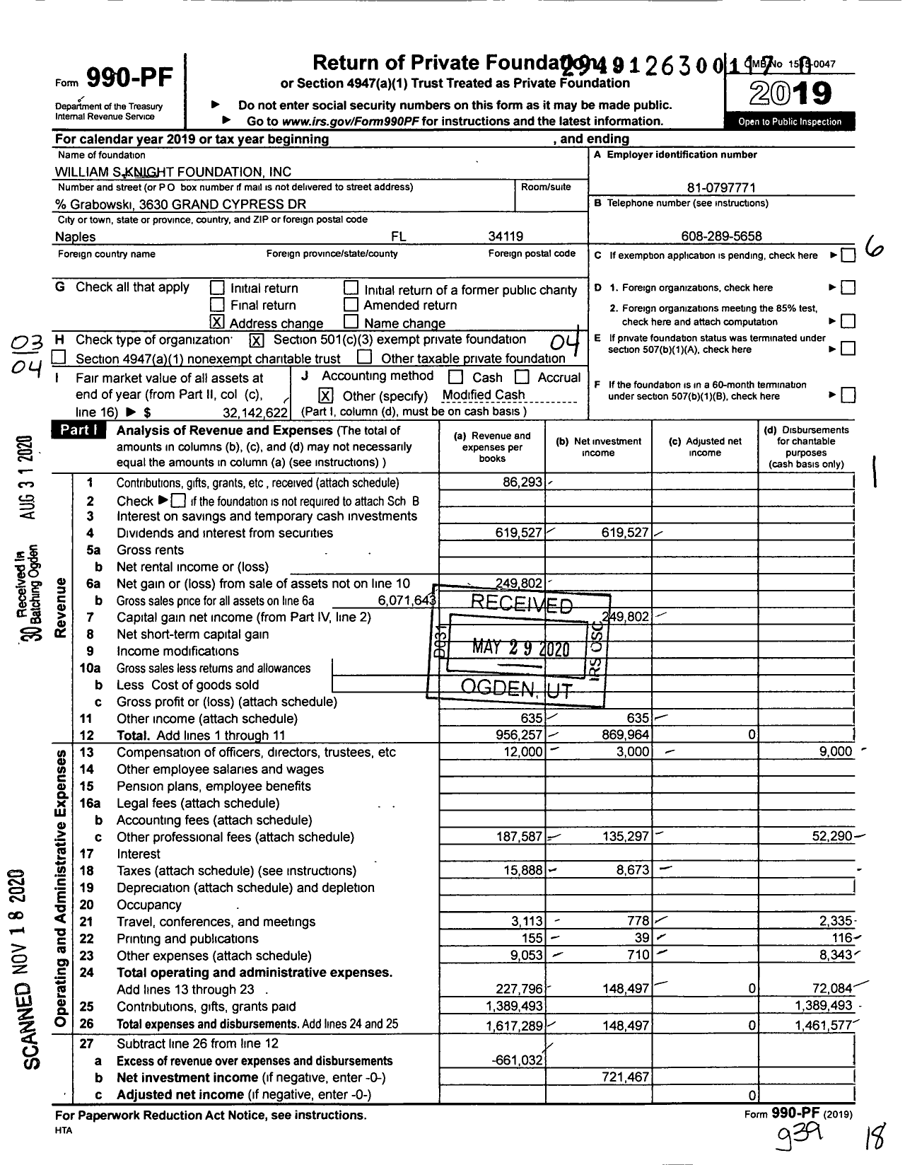Image of first page of 2019 Form 990PF for WILLIAM S KNiGHT FOUNDATION