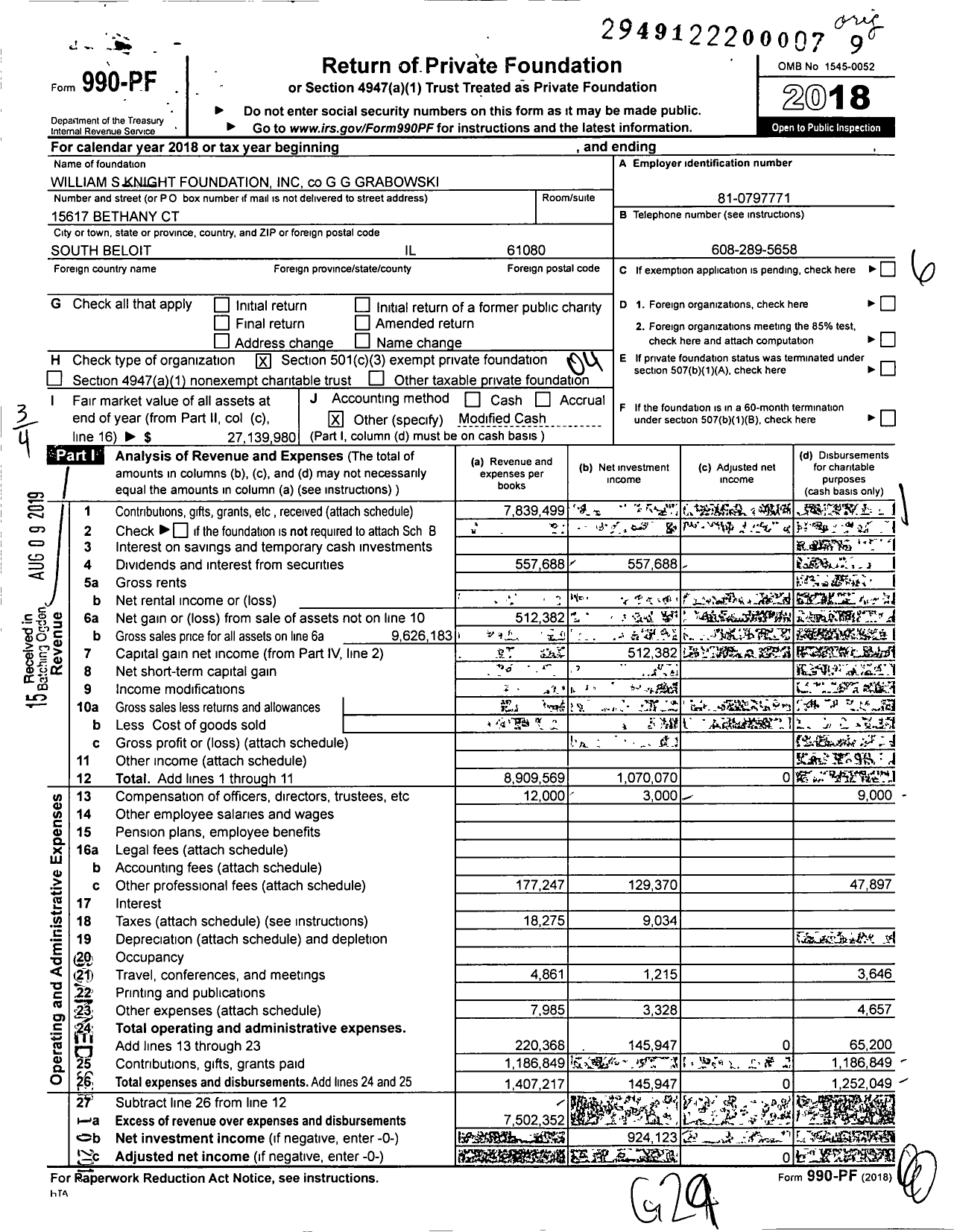 Image of first page of 2018 Form 990PF for WILLIAM S KNiGHT FOUNDATION
