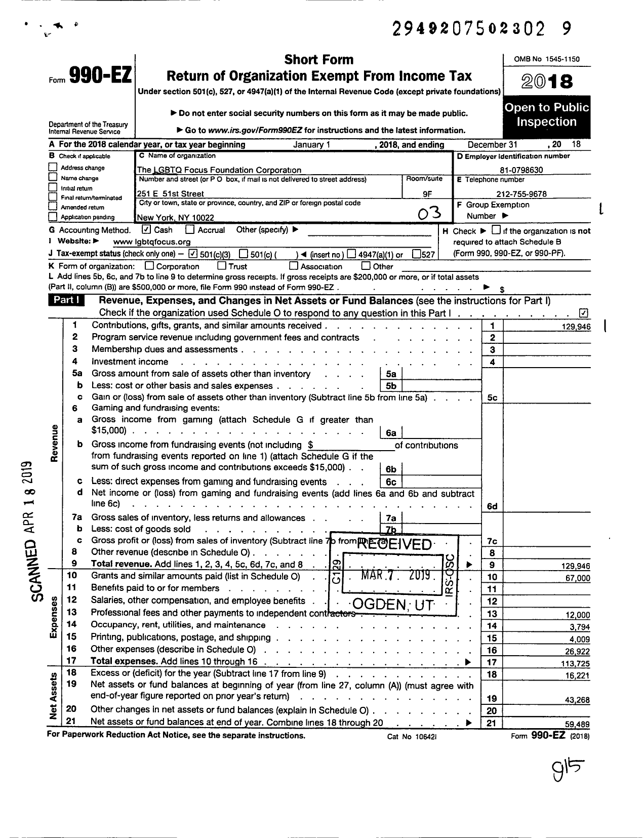 Image of first page of 2018 Form 990EZ for The LGBTQ Focus Foundation