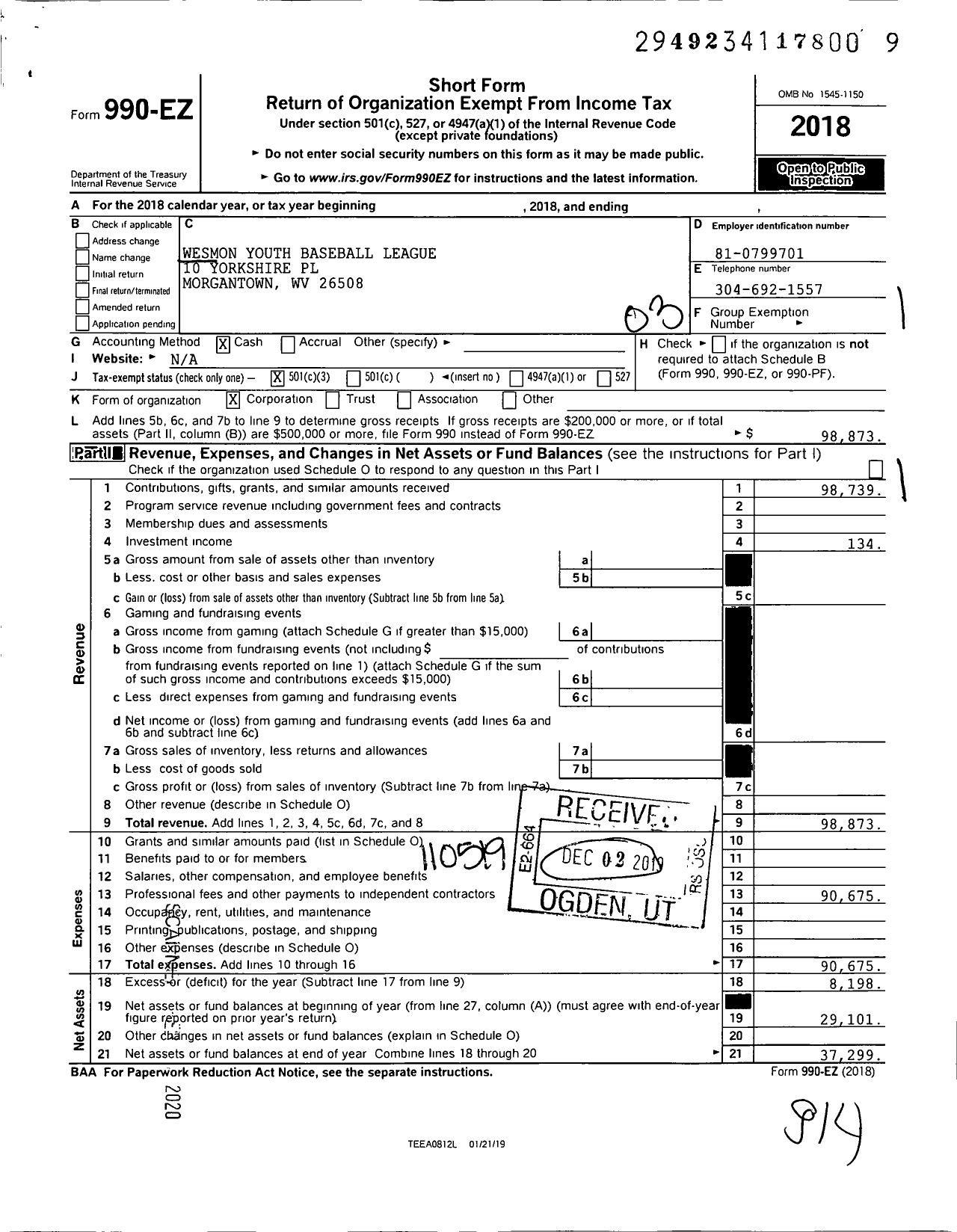 Image of first page of 2018 Form 990EZ for Wesmon Youth Baseball League