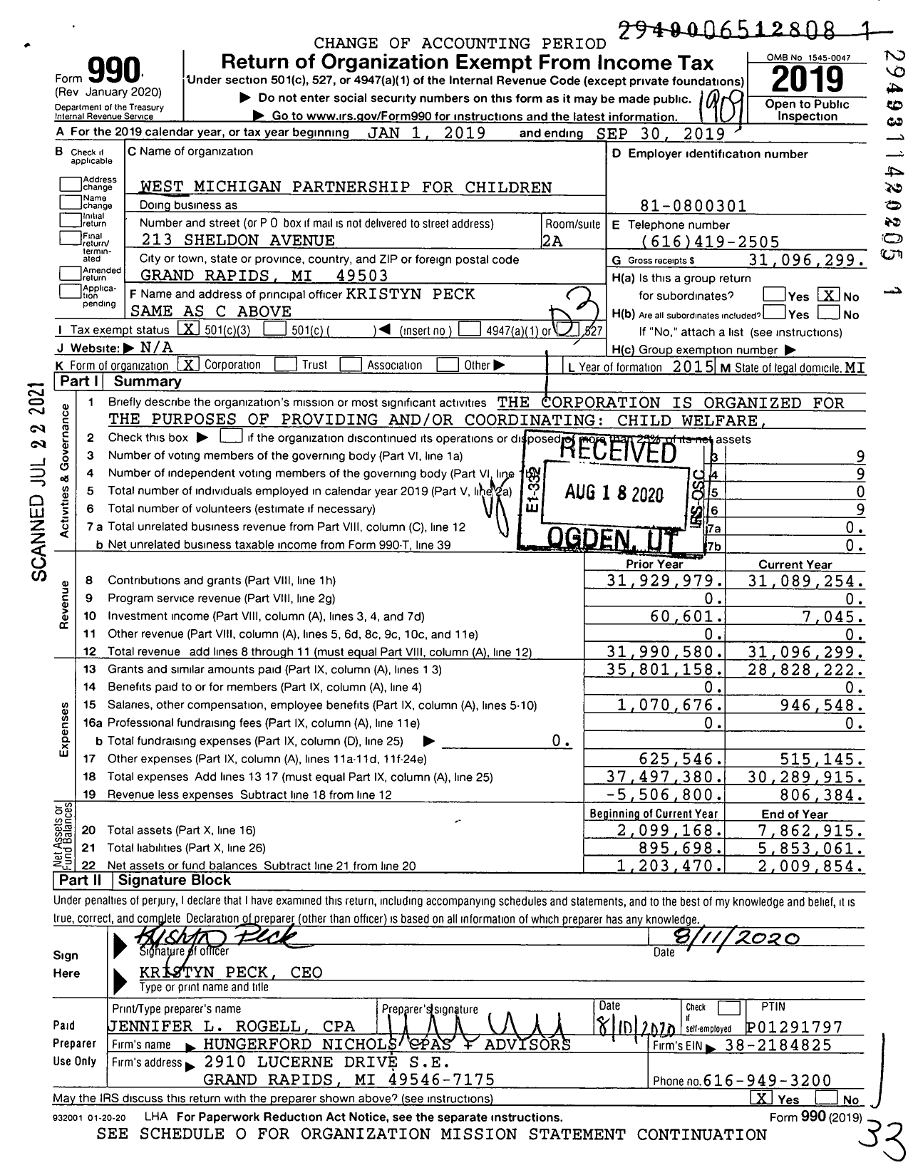 Image of first page of 2018 Form 990 for West Michigan Partnership for Children