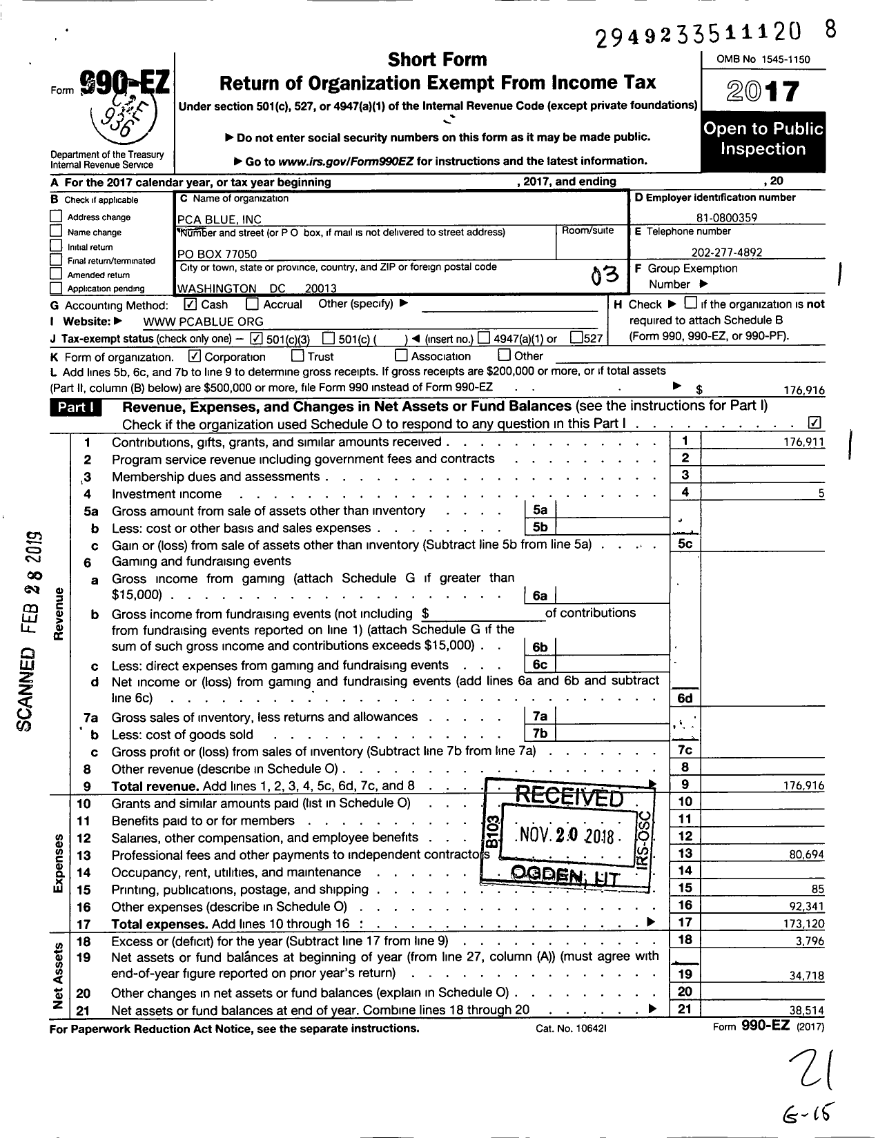 Image of first page of 2017 Form 990EZ for Pca Blue