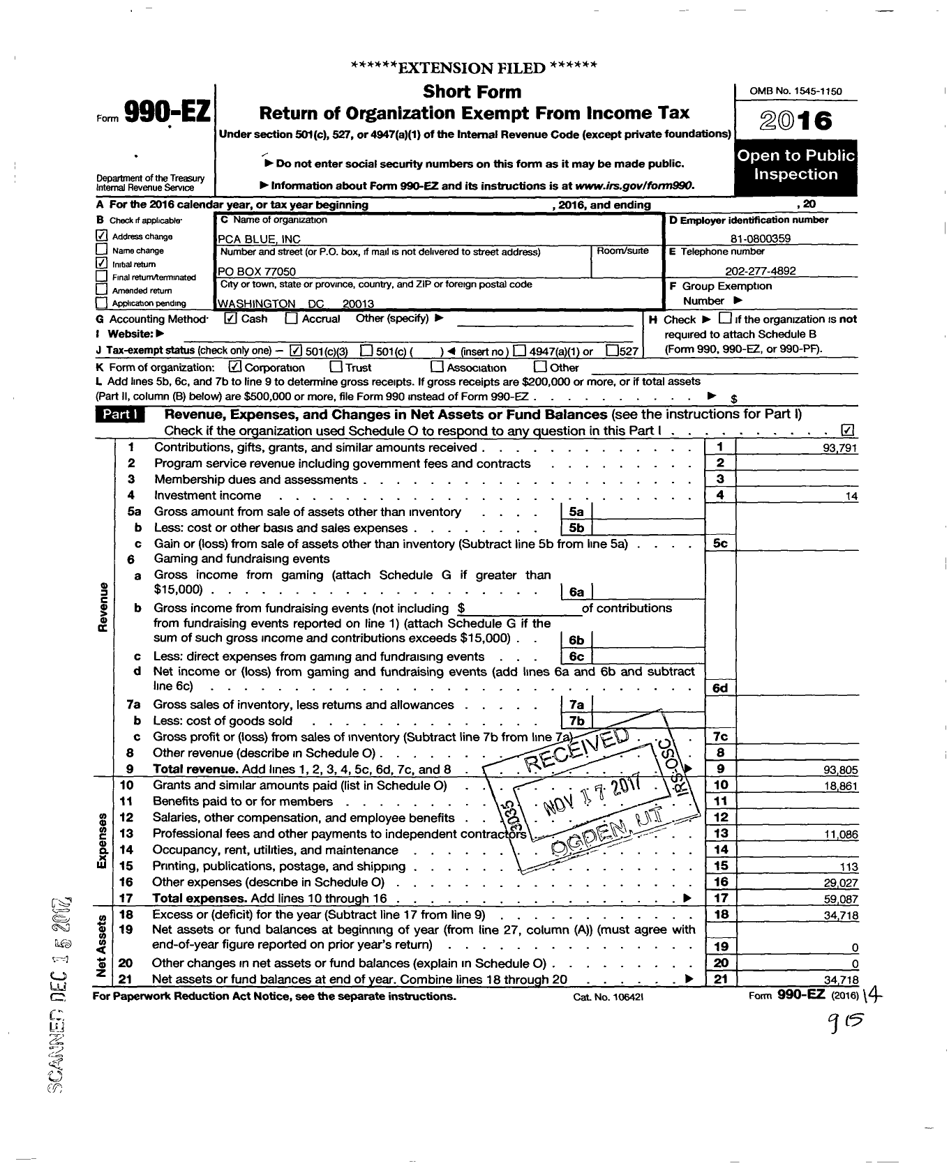 Image of first page of 2016 Form 990EZ for Pca Blue