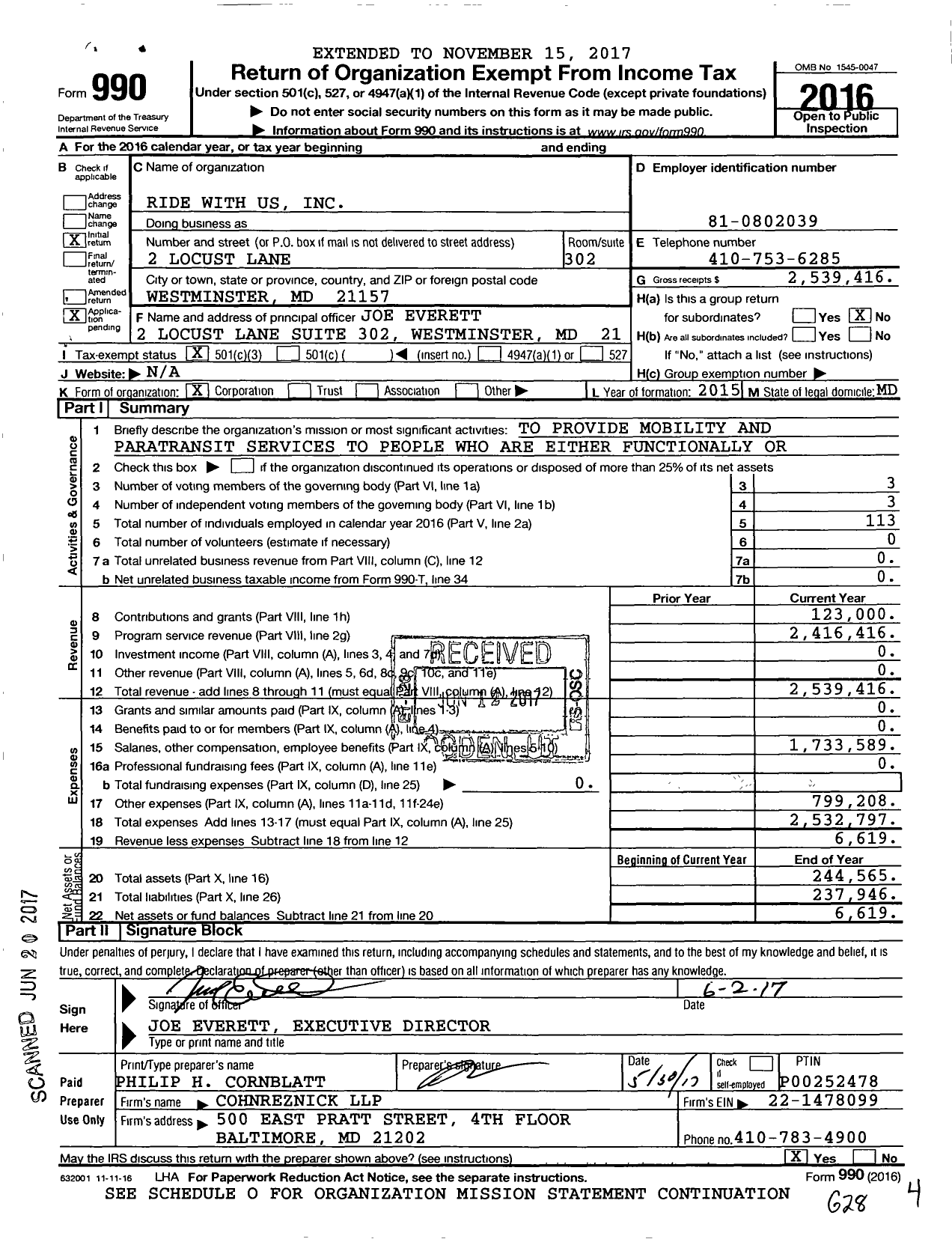 Image of first page of 2016 Form 990 for Ride with Us