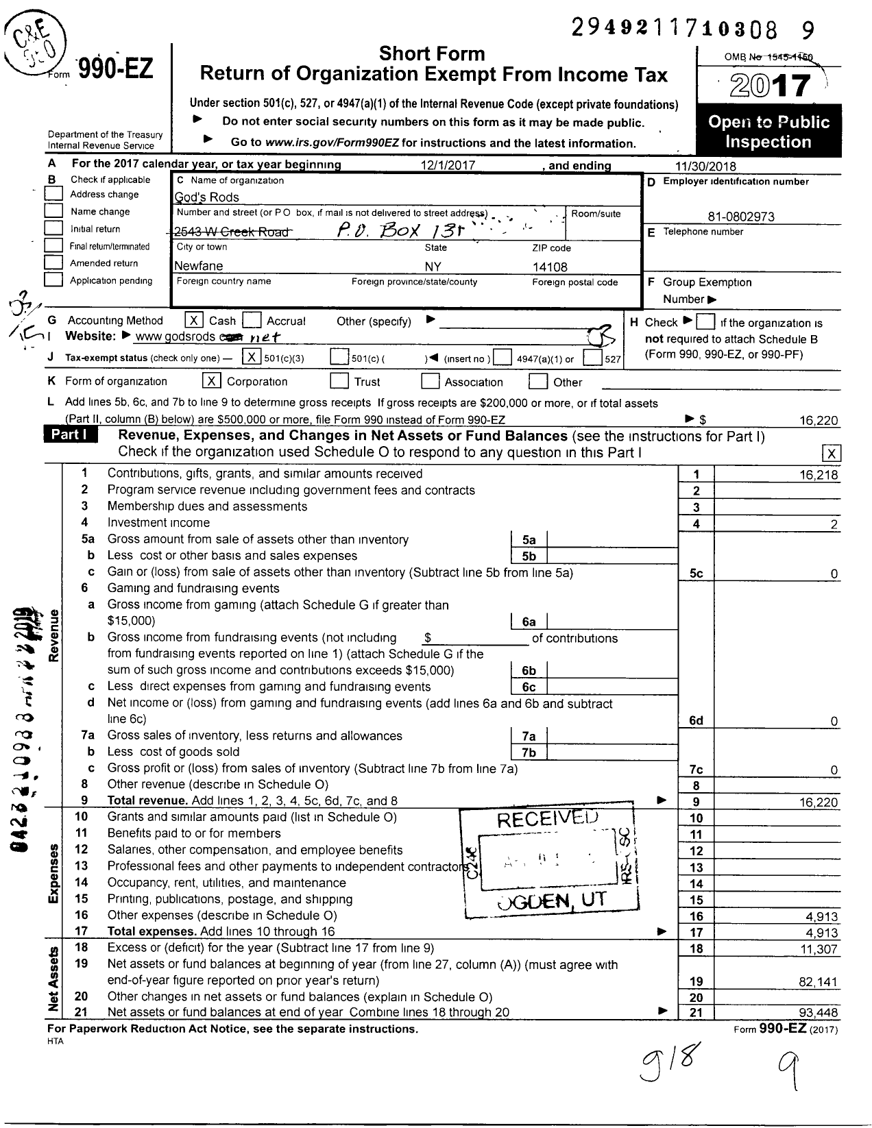 Image of first page of 2017 Form 990EZ for God's Rods