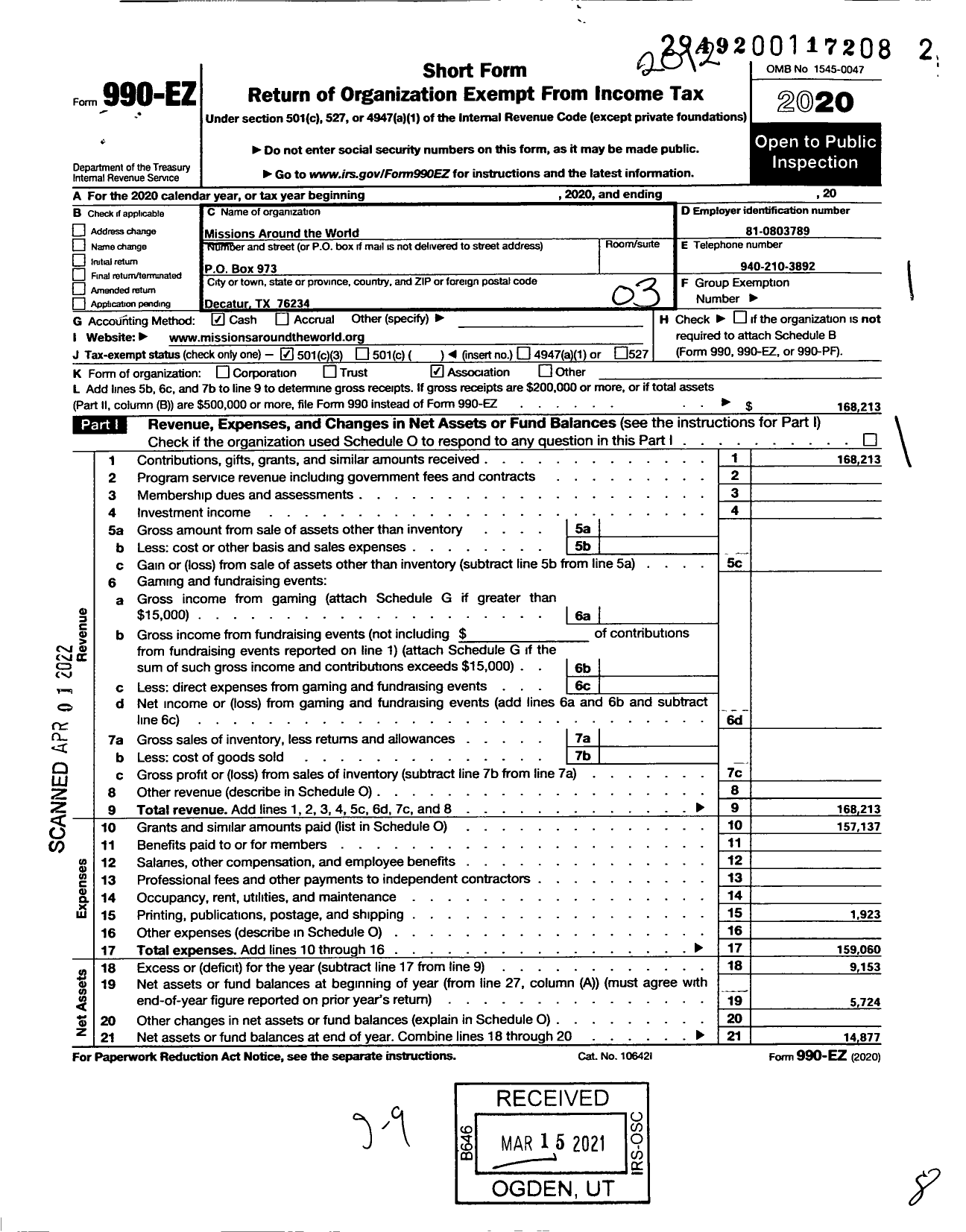 Image of first page of 2020 Form 990EZ for Missions Around the World