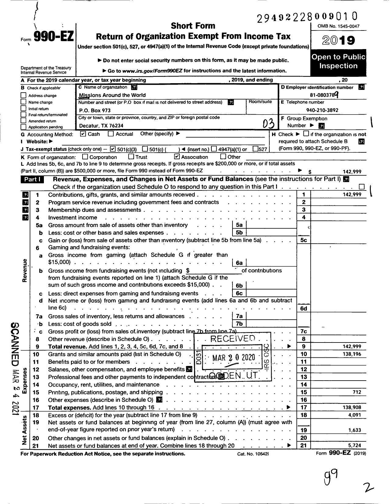 Image of first page of 2019 Form 990EZ for Missions Around the World