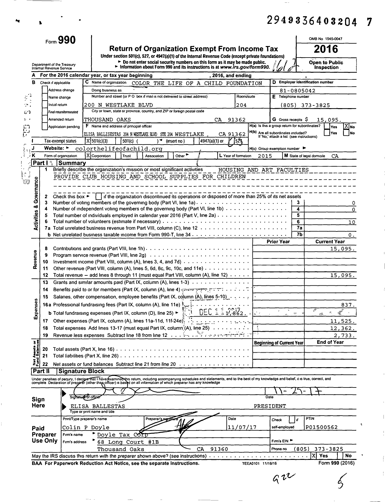 Image of first page of 2016 Form 990 for Color the Life of A Child Foundation