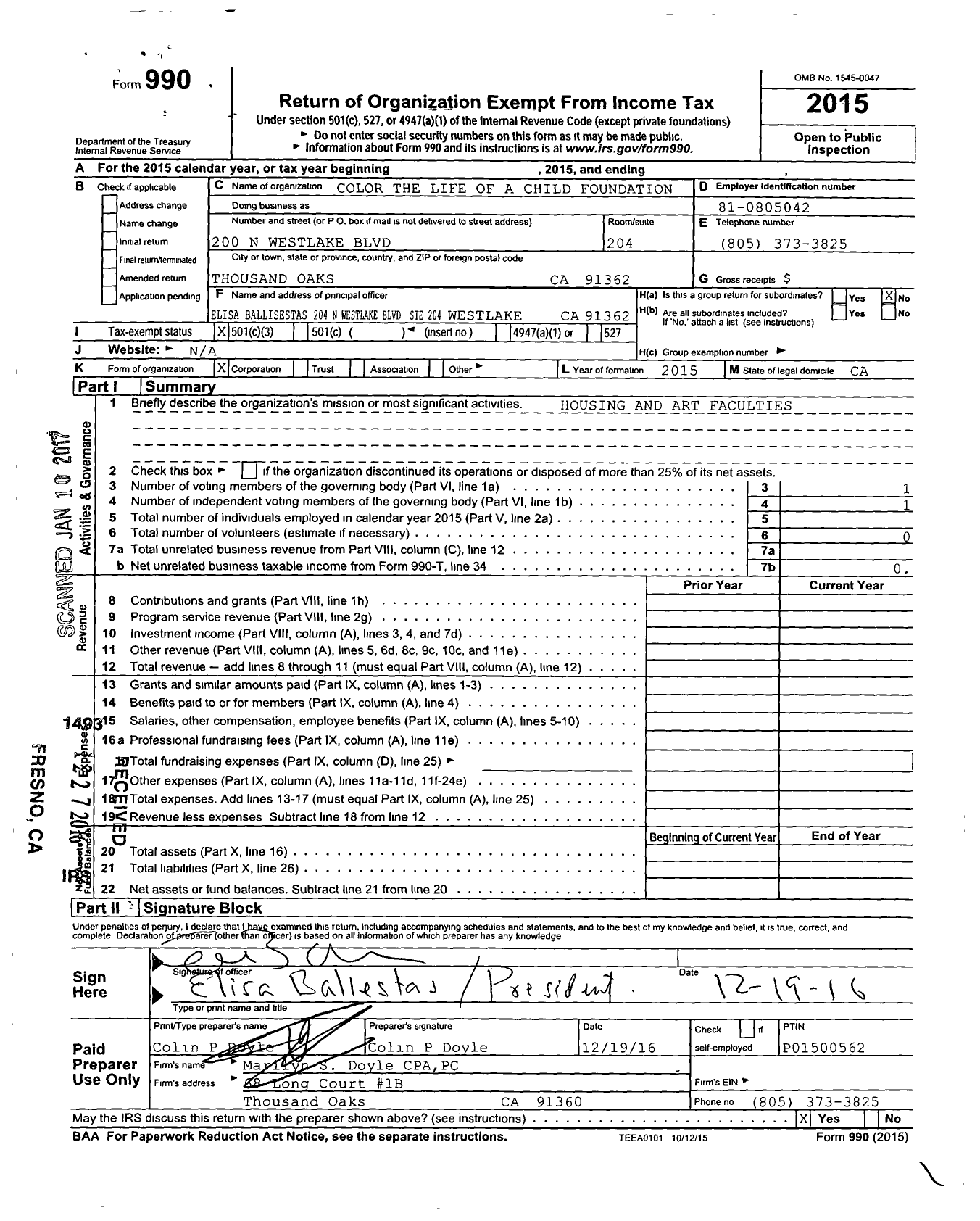 Image of first page of 2015 Form 990 for Color the Life of A Child Foundation