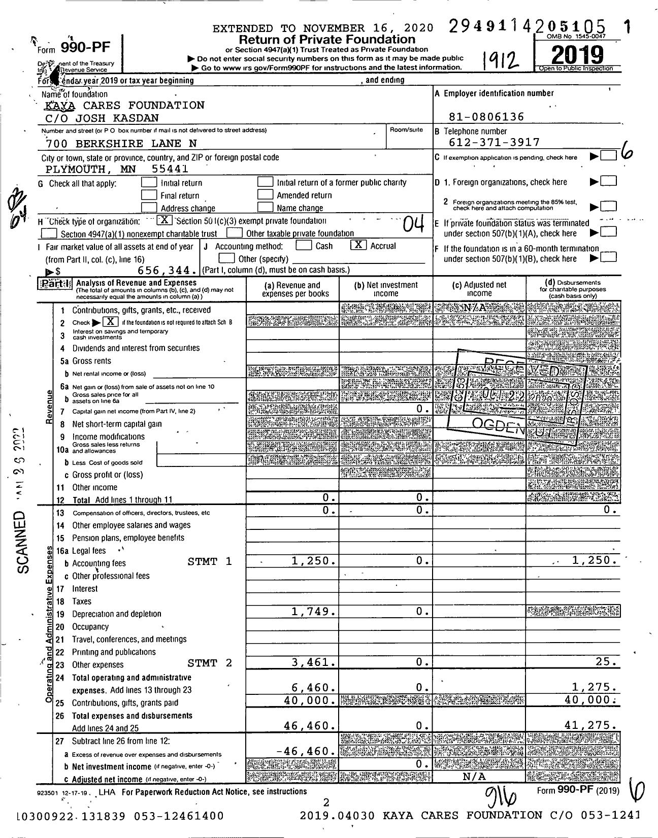 Image of first page of 2019 Form 990PF for Kaya Cares Foundation