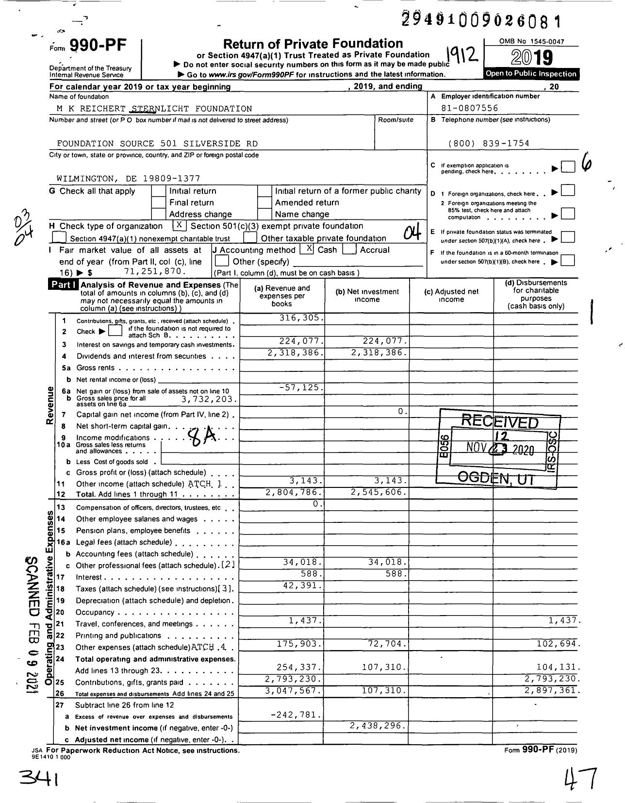 Image of first page of 2019 Form 990PF for M K Reichert Sternlicht Foundation