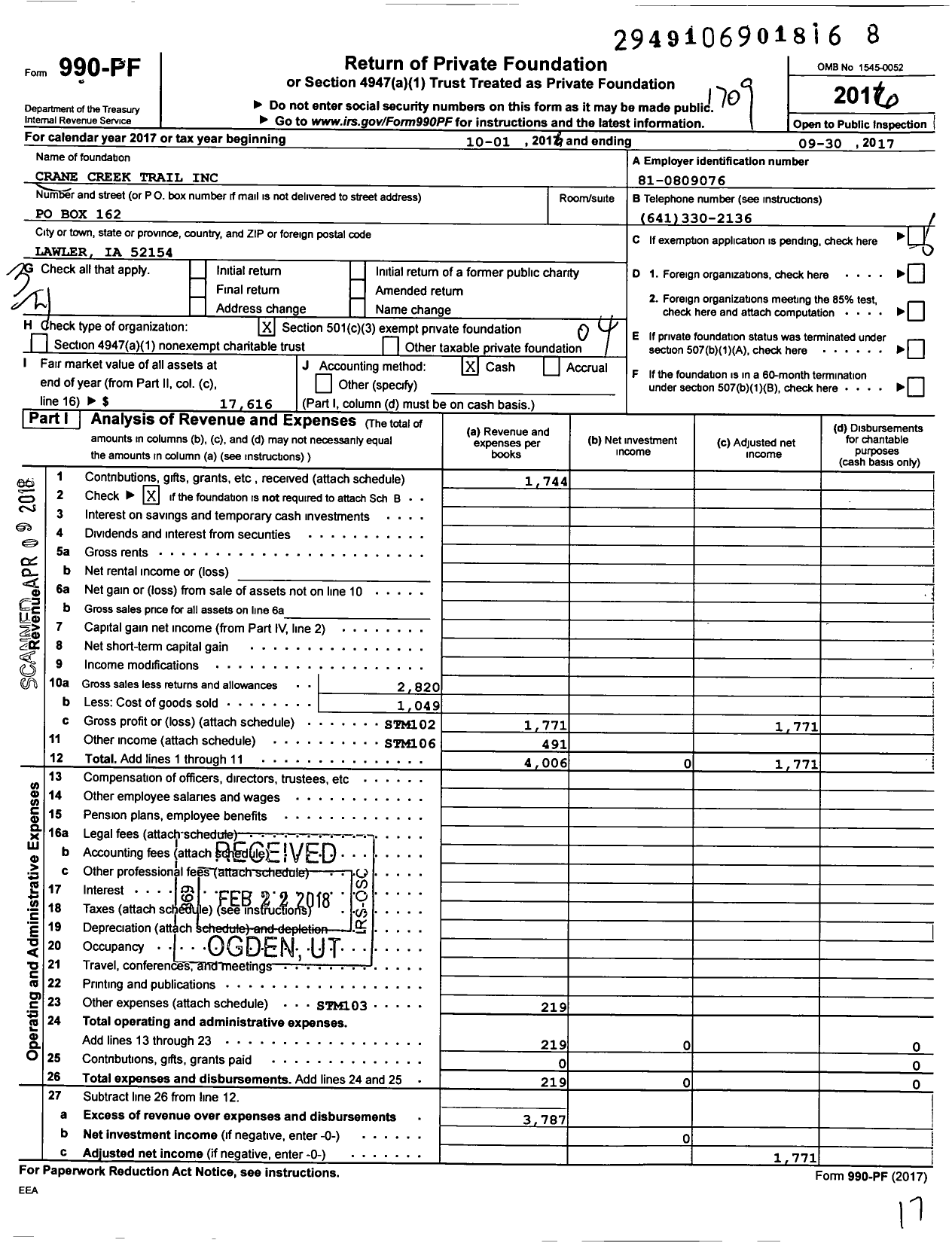 Image of first page of 2016 Form 990PF for Crane Creek Trail