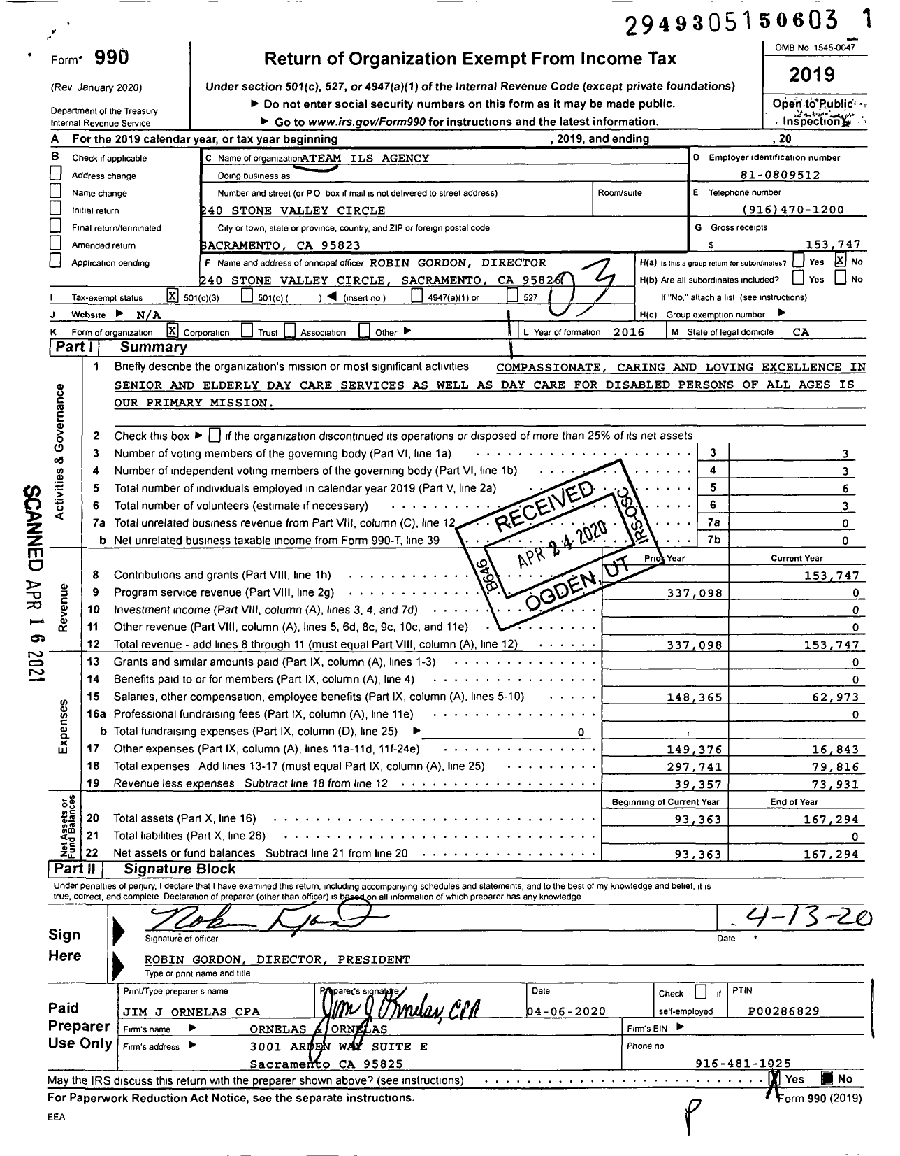 Image of first page of 2019 Form 990 for Ateam Ils Agency