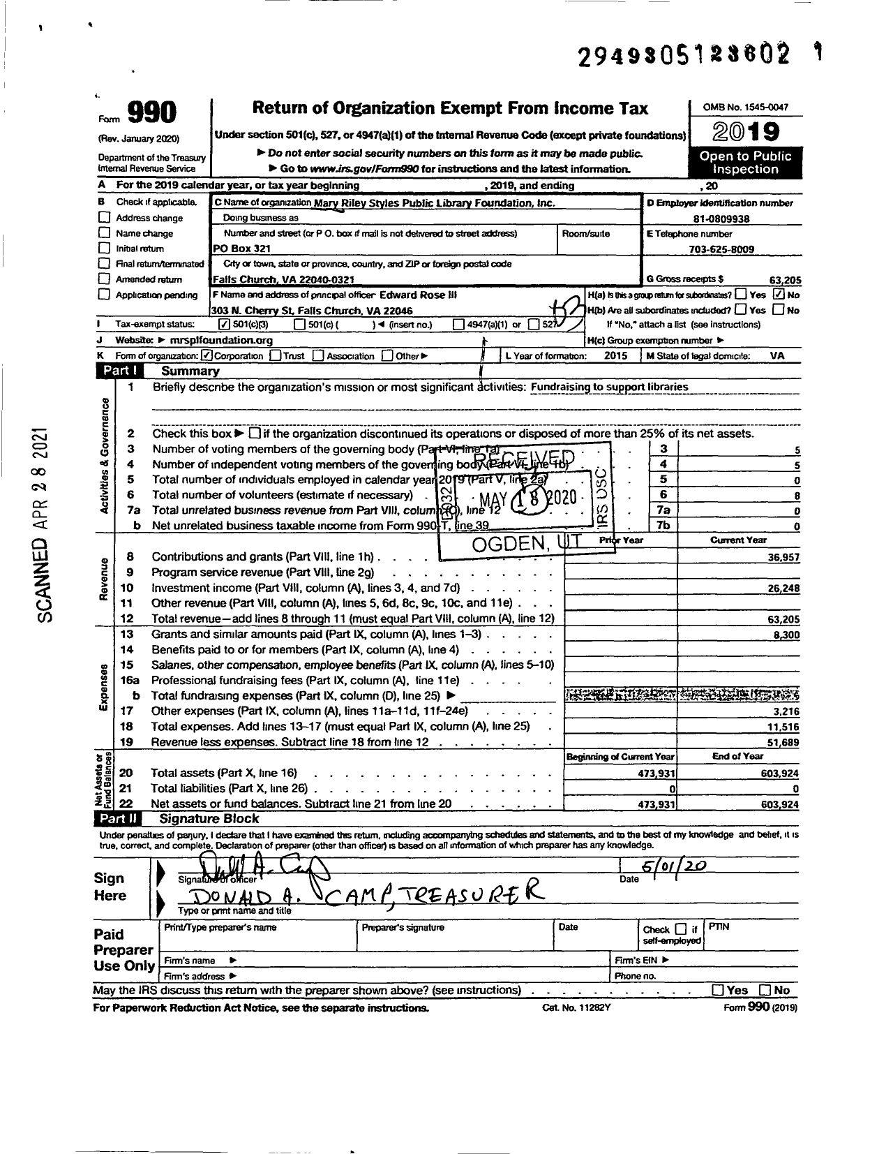 Image of first page of 2019 Form 990 for Mary Riley Styles Public Library Foundation