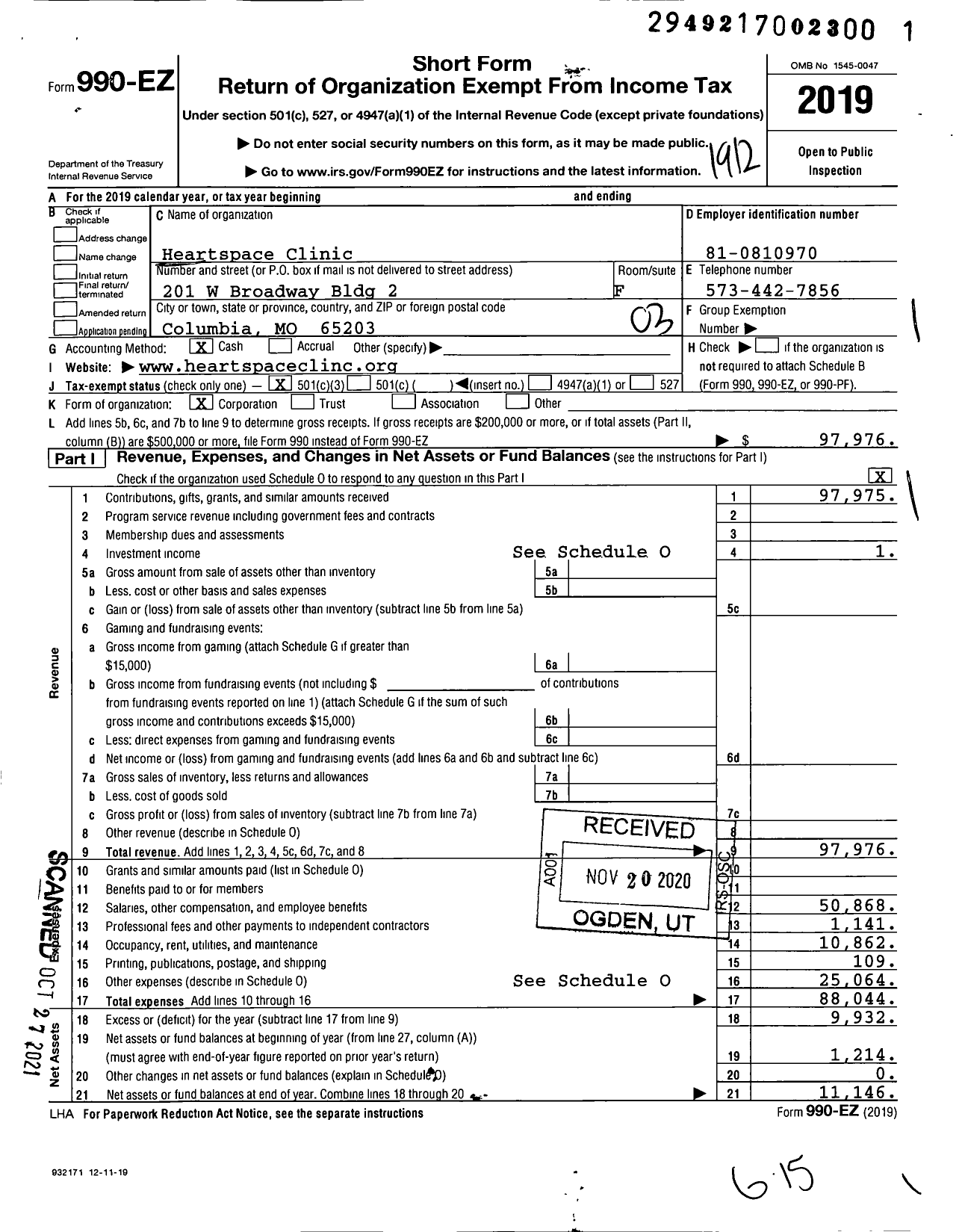 Image of first page of 2019 Form 990EZ for Heartspace Clinic