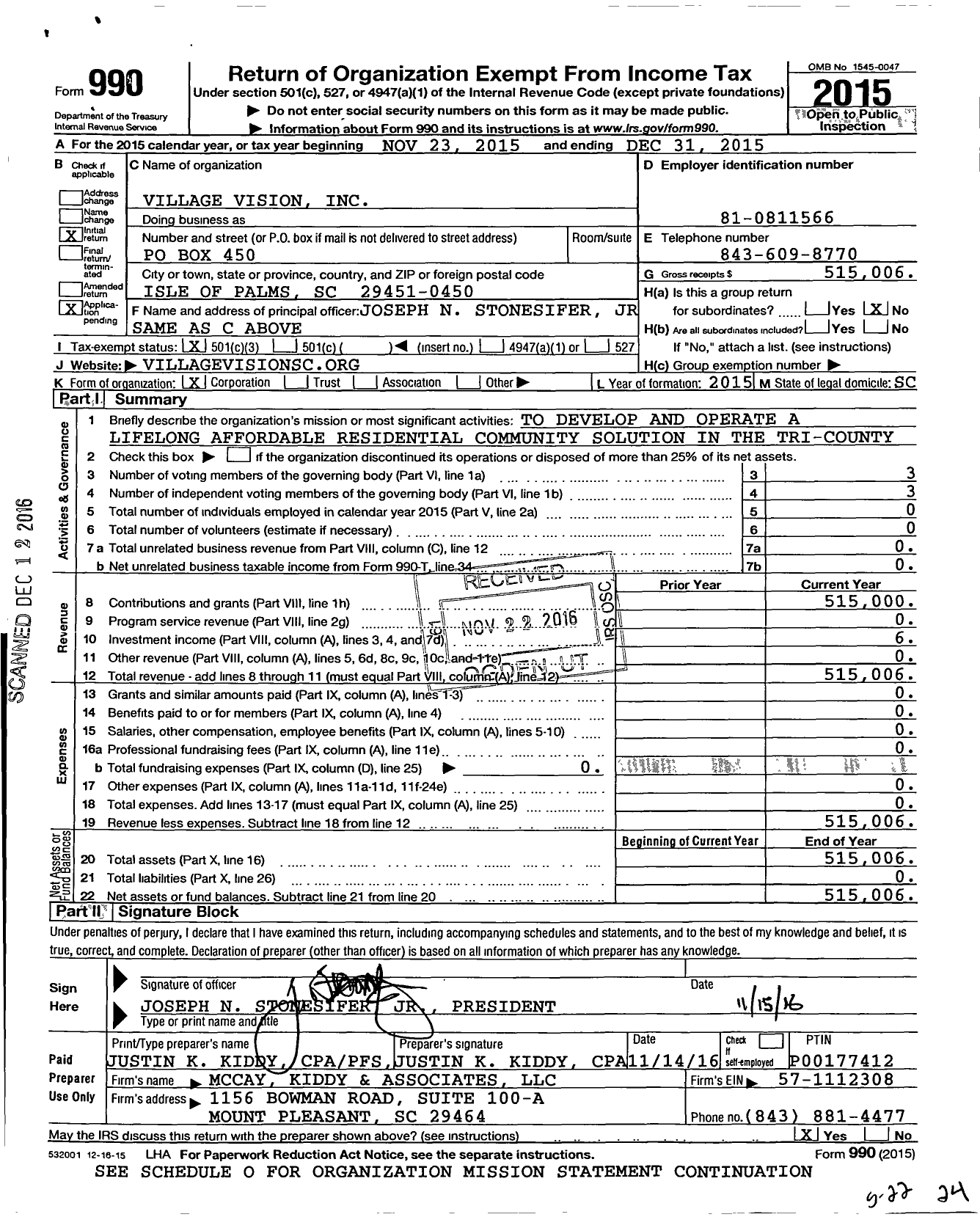 Image of first page of 2015 Form 990 for Village Vision