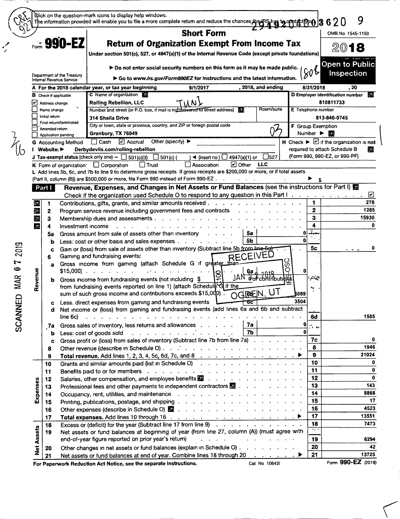 Image of first page of 2017 Form 990EZ for Rolling Rebellion LLC