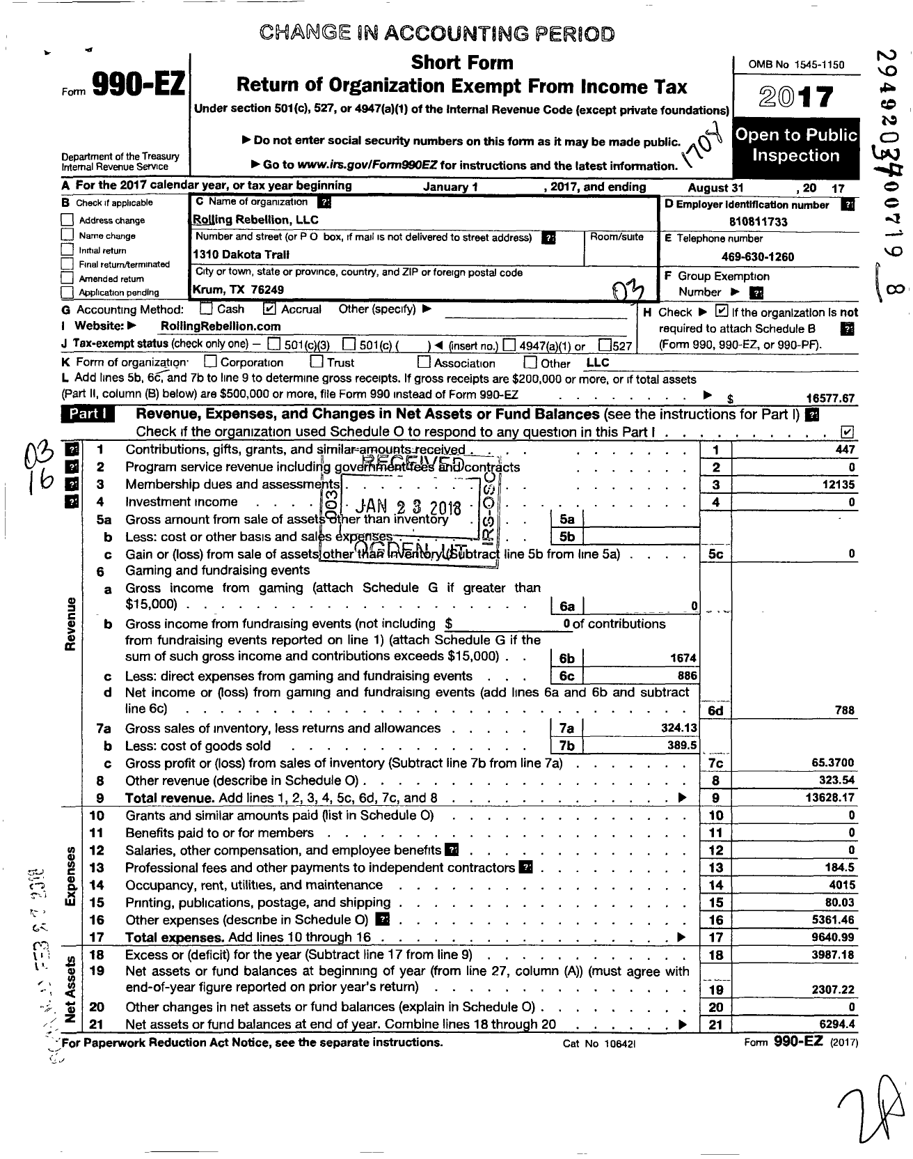 Image of first page of 2016 Form 990EZ for Rolling Rebellion LLC