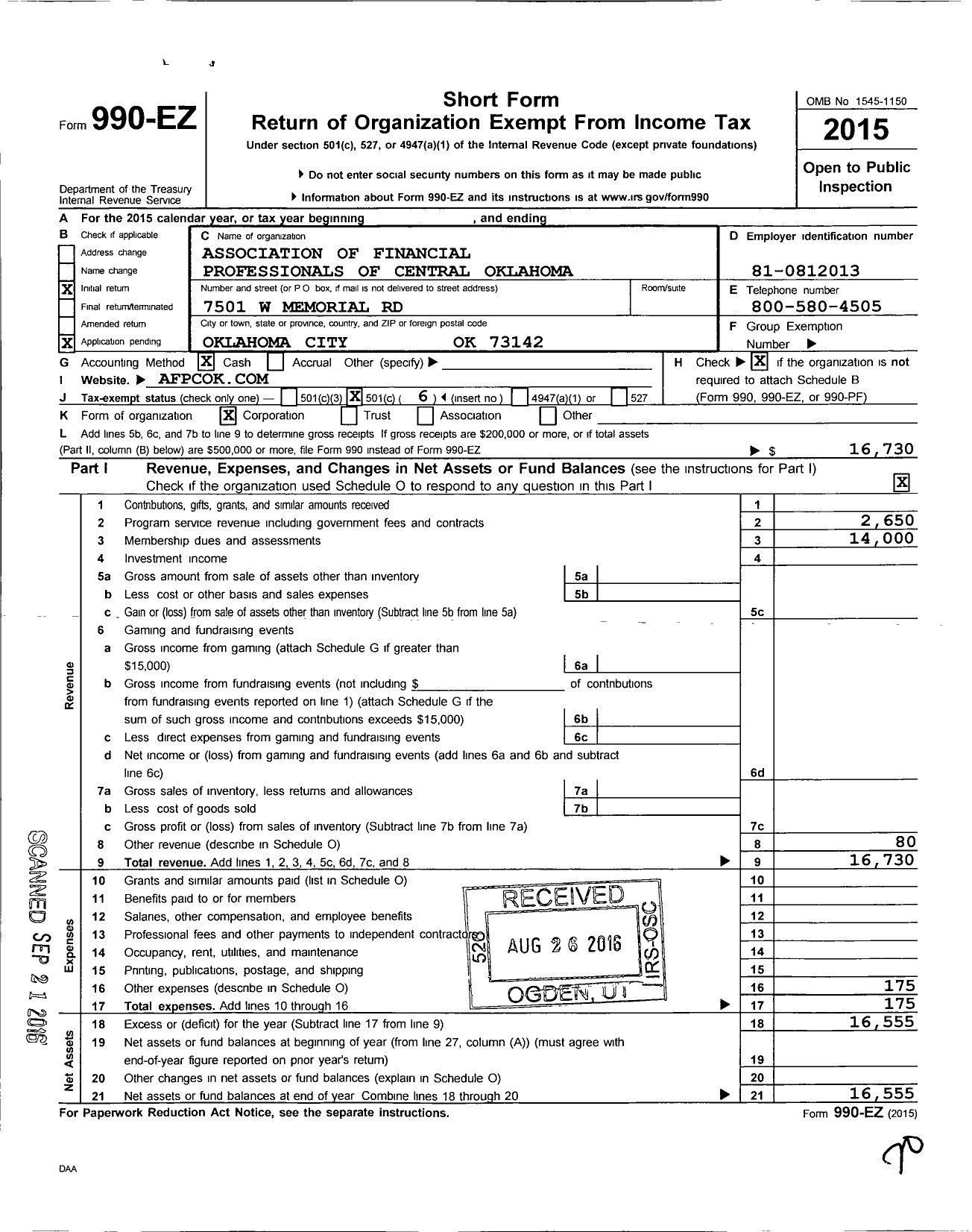 Image of first page of 2015 Form 990EO for Association of Financial Professionals of Central Oklahoma