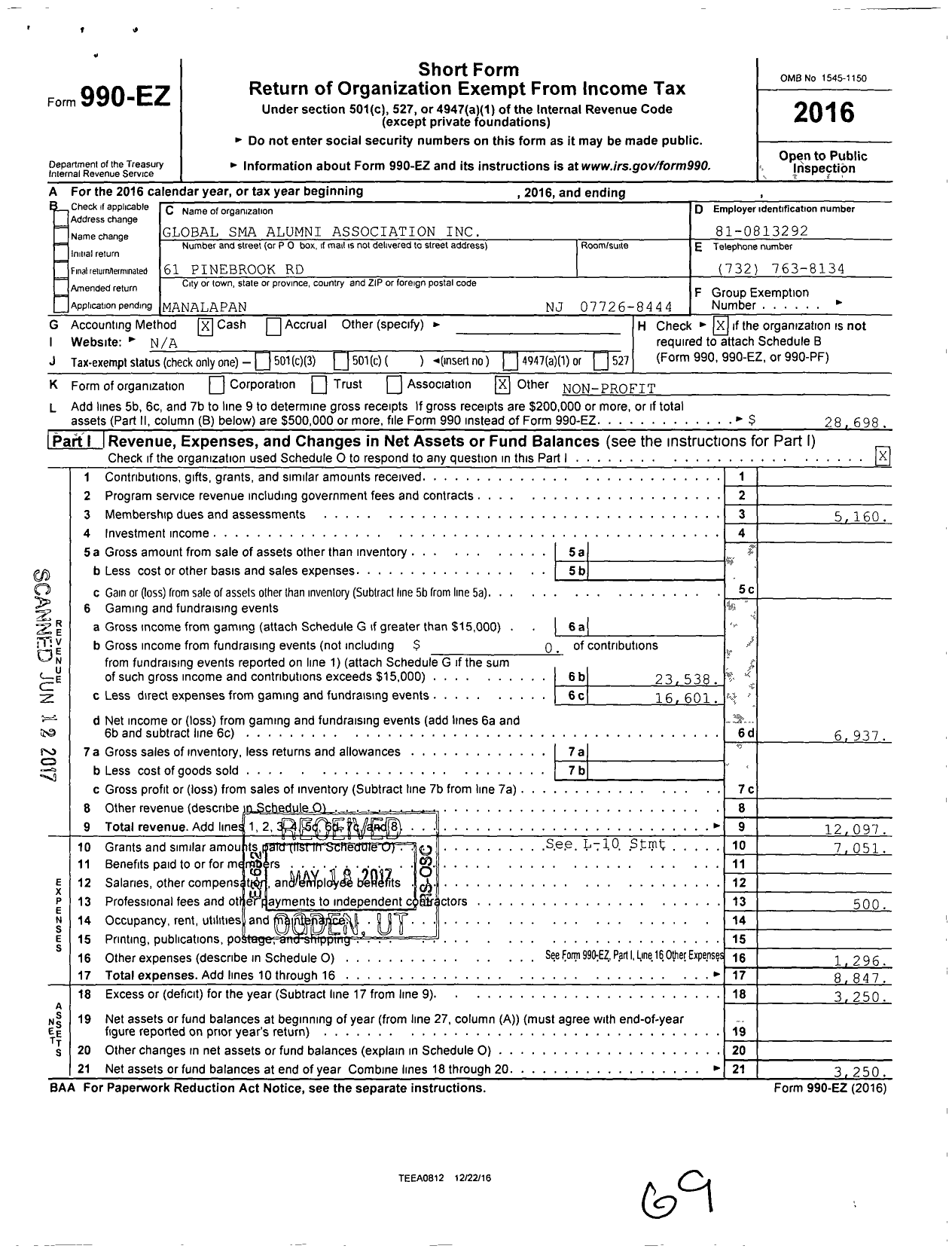 Image of first page of 2016 Form 990EO for Global Sma Alumni Association