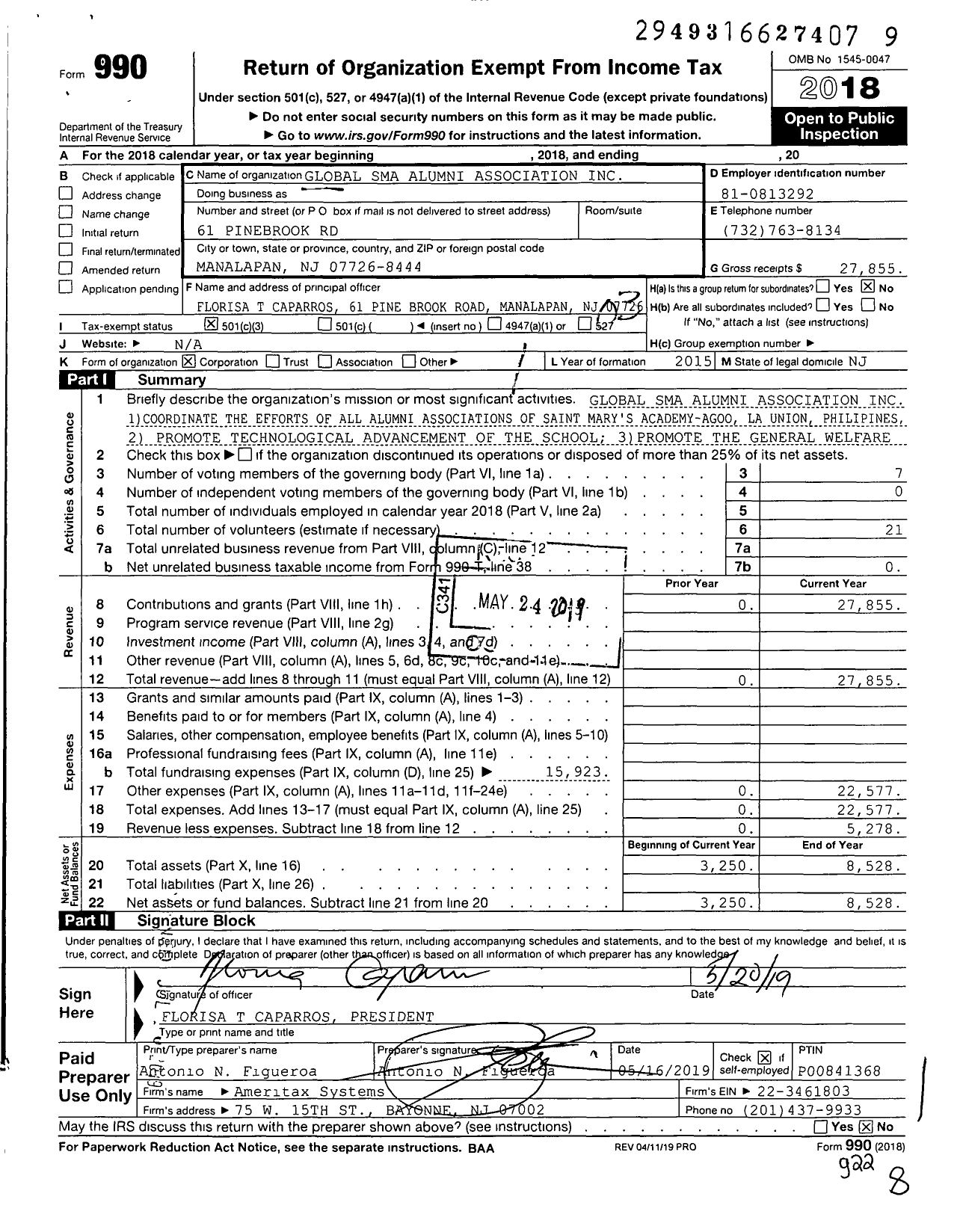 Image of first page of 2018 Form 990 for Global Sma Alumni Association