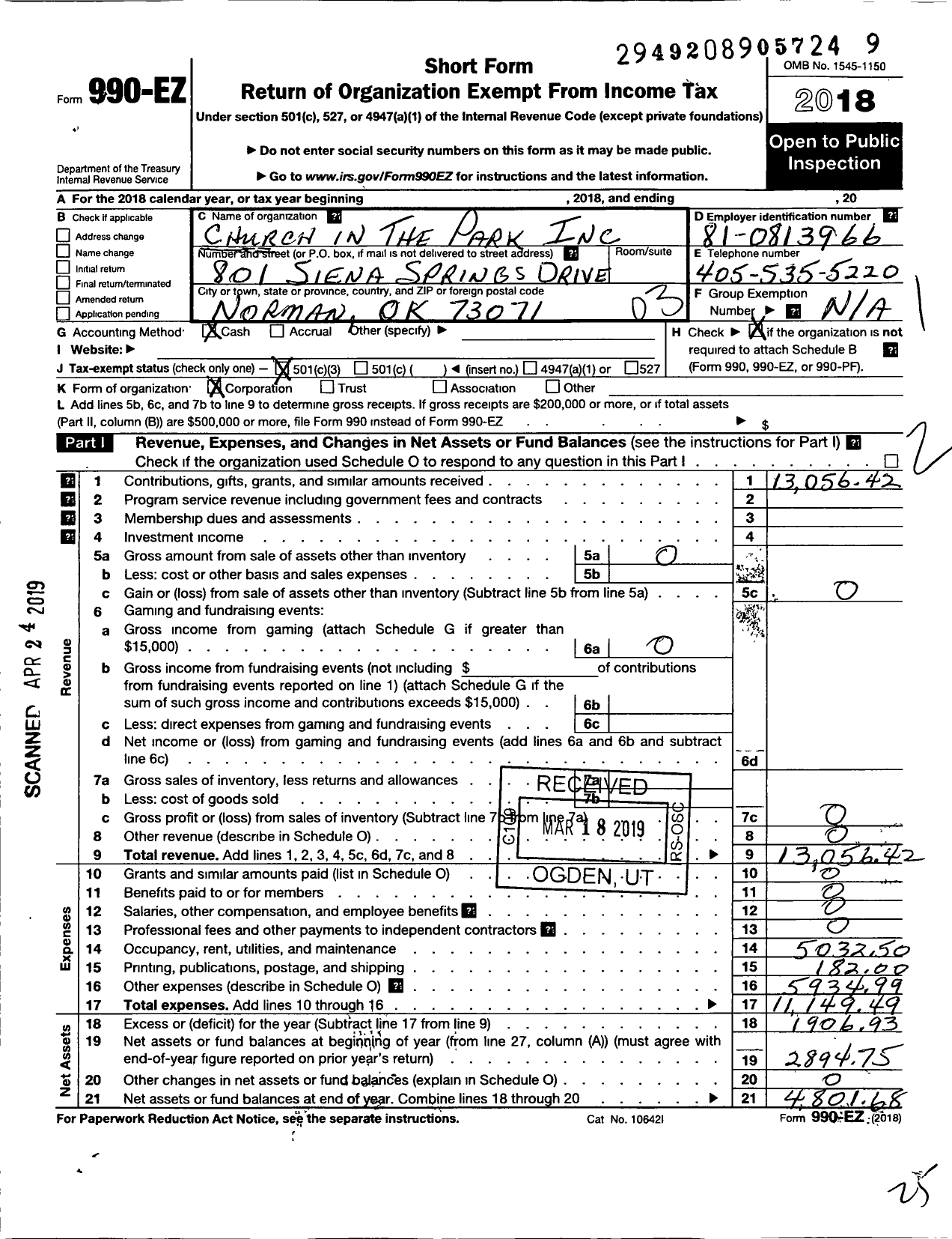 Image of first page of 2018 Form 990EZ for Church in the Park An Oklahoma Not for Profit Corporation