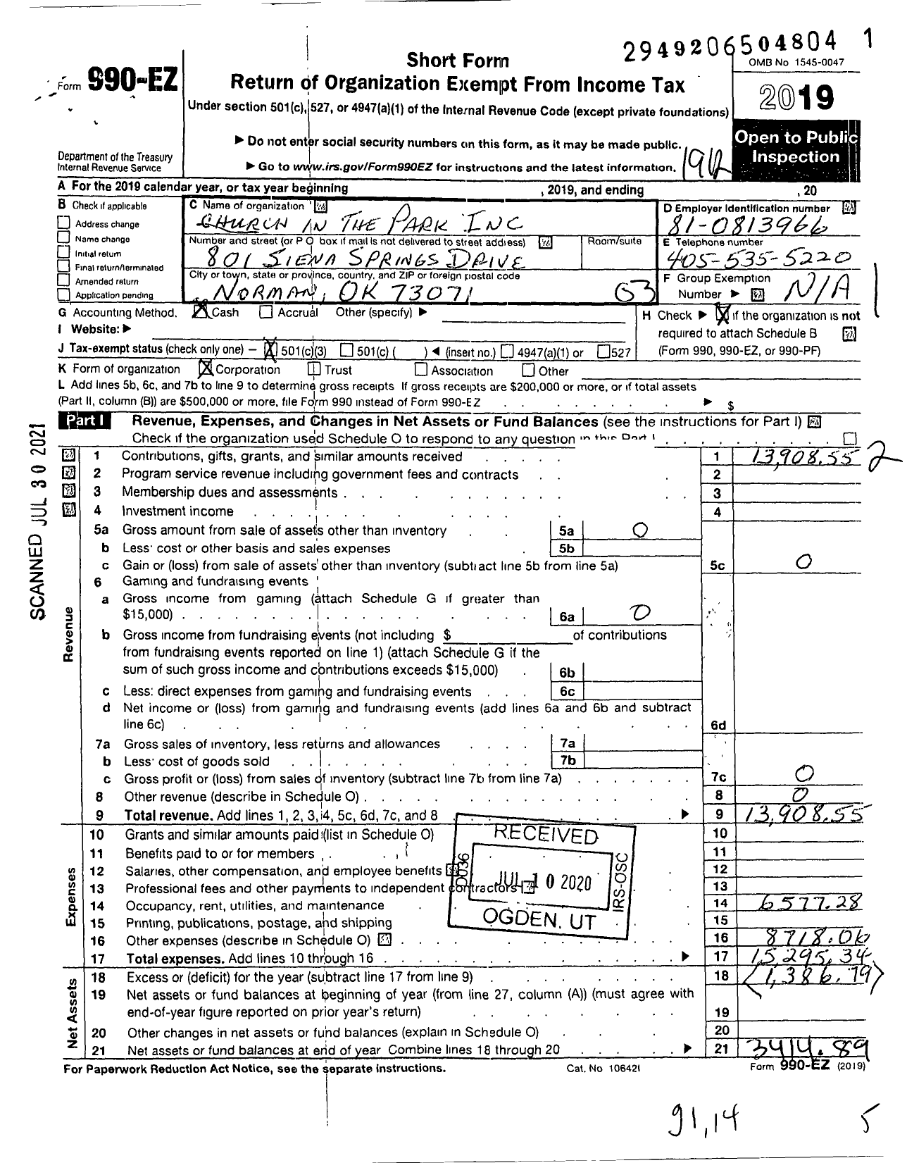 Image of first page of 2019 Form 990EZ for Church in the Park An Oklahoma Not for Profit Corporation