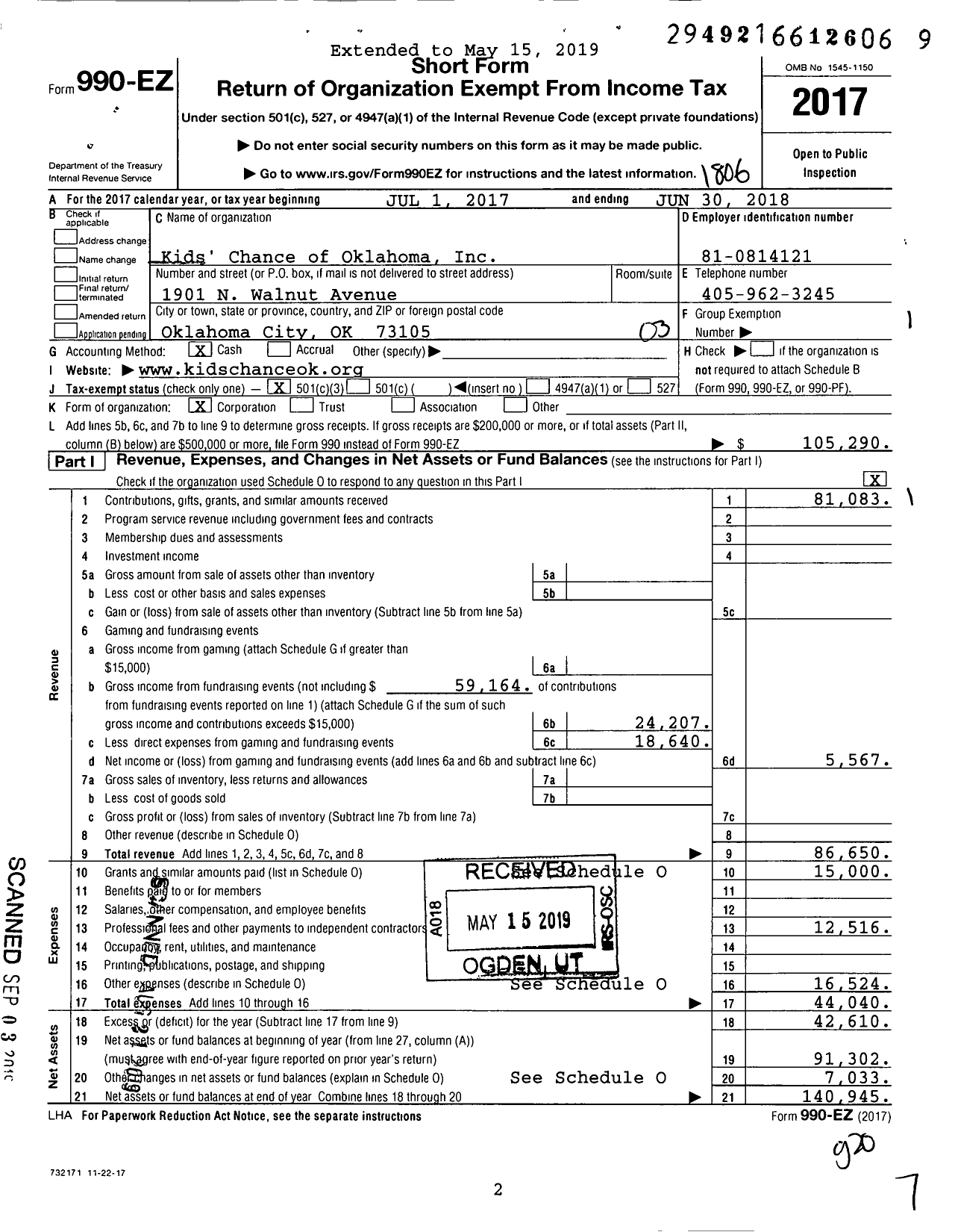 Image of first page of 2017 Form 990EZ for Kids' Chance of Oklahoma