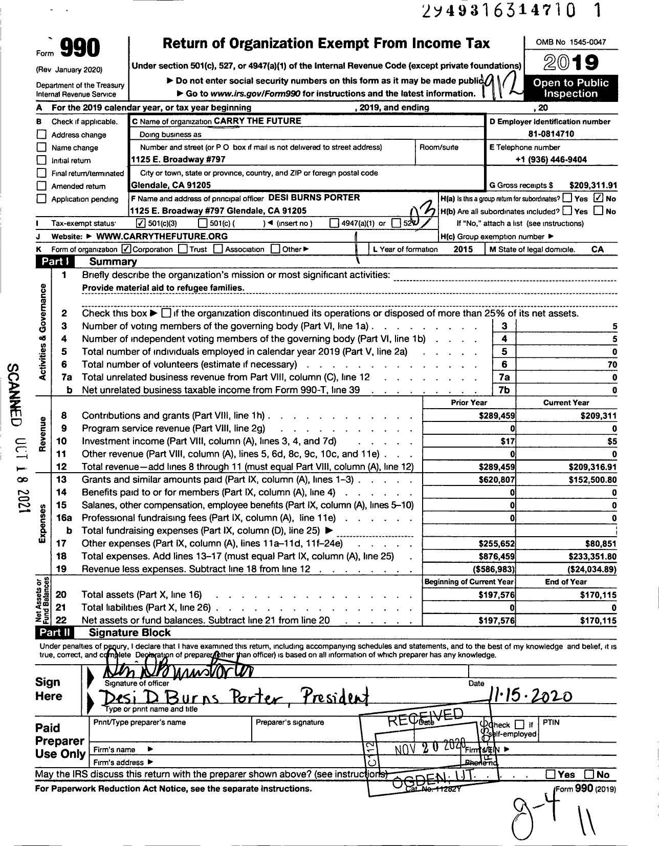 Image of first page of 2019 Form 990 for Carry the Future