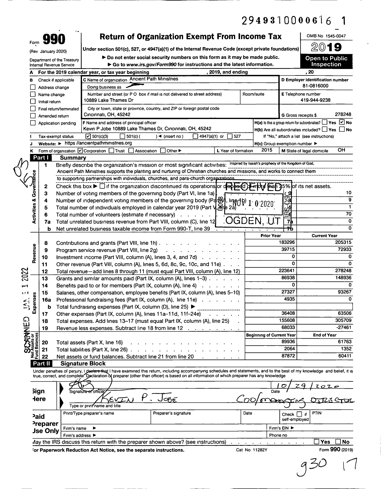 Image of first page of 2019 Form 990 for Ancient Path Ministries