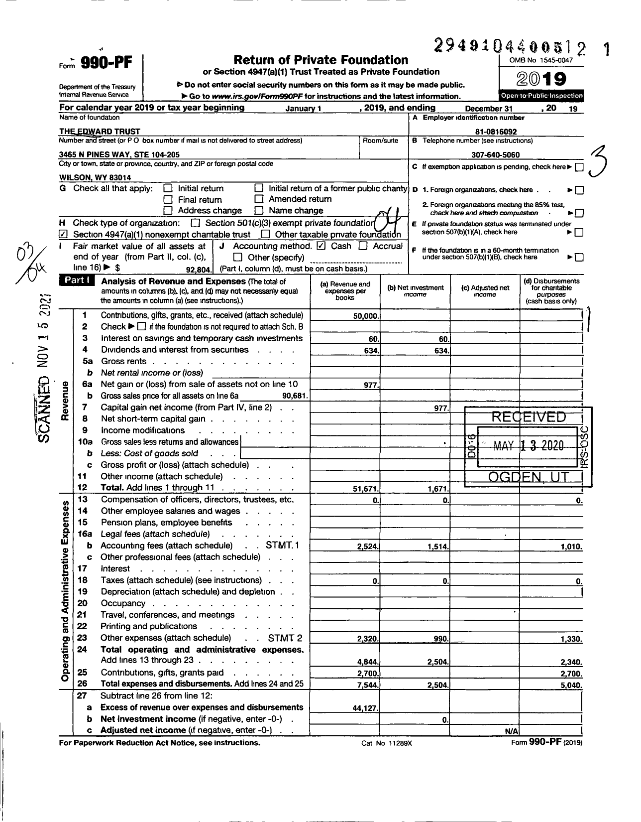 Image of first page of 2019 Form 990PF for Edward Trust