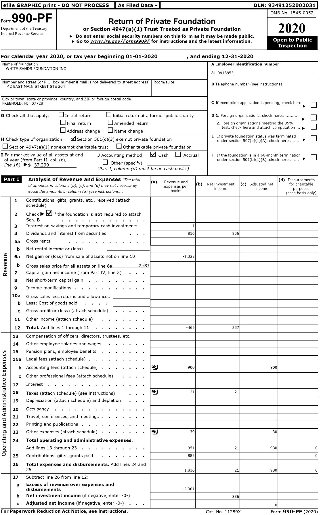 Image of first page of 2020 Form 990PF for White Sands Foundation